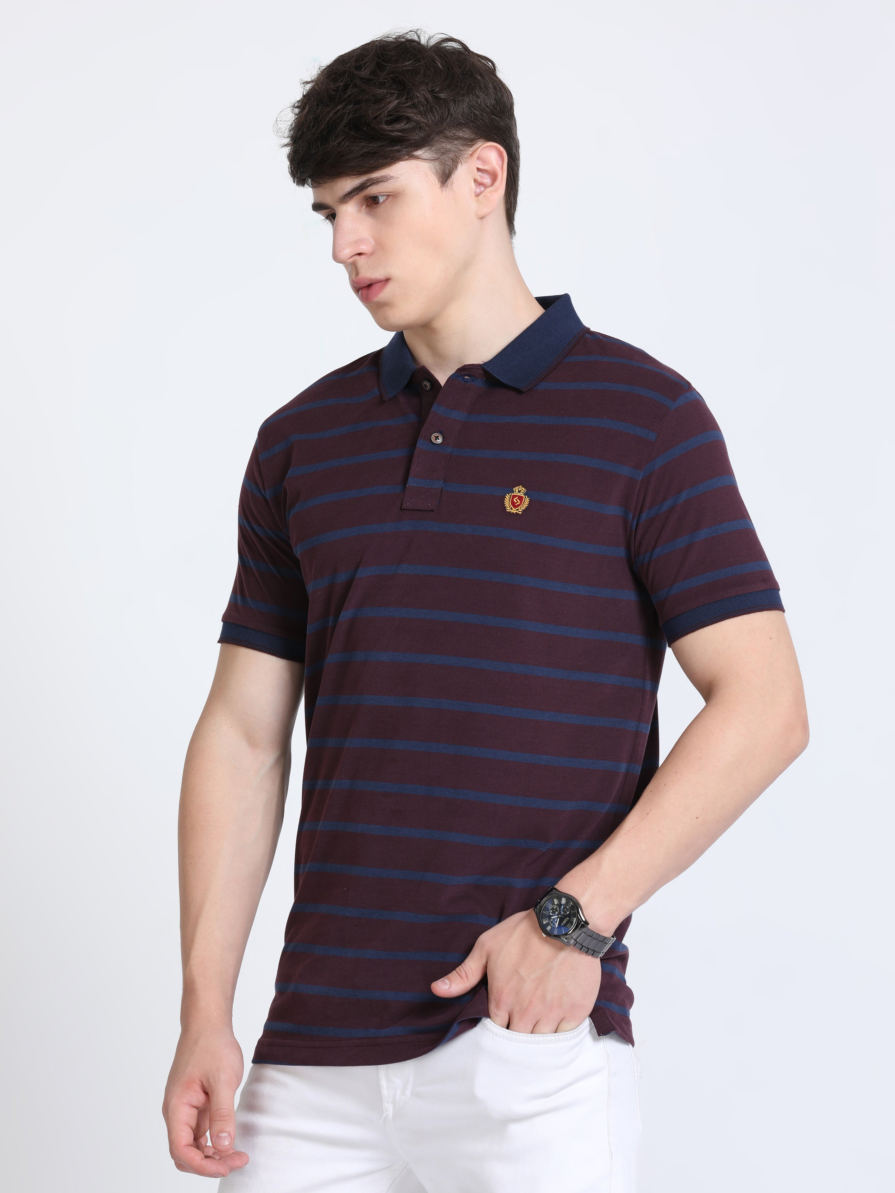 Classic Polo Mens Cotton Half Sleeves Striped Slim Fit Polo Neck Burgudy Color T-Shirt | Cpeg - 310 B Sf P