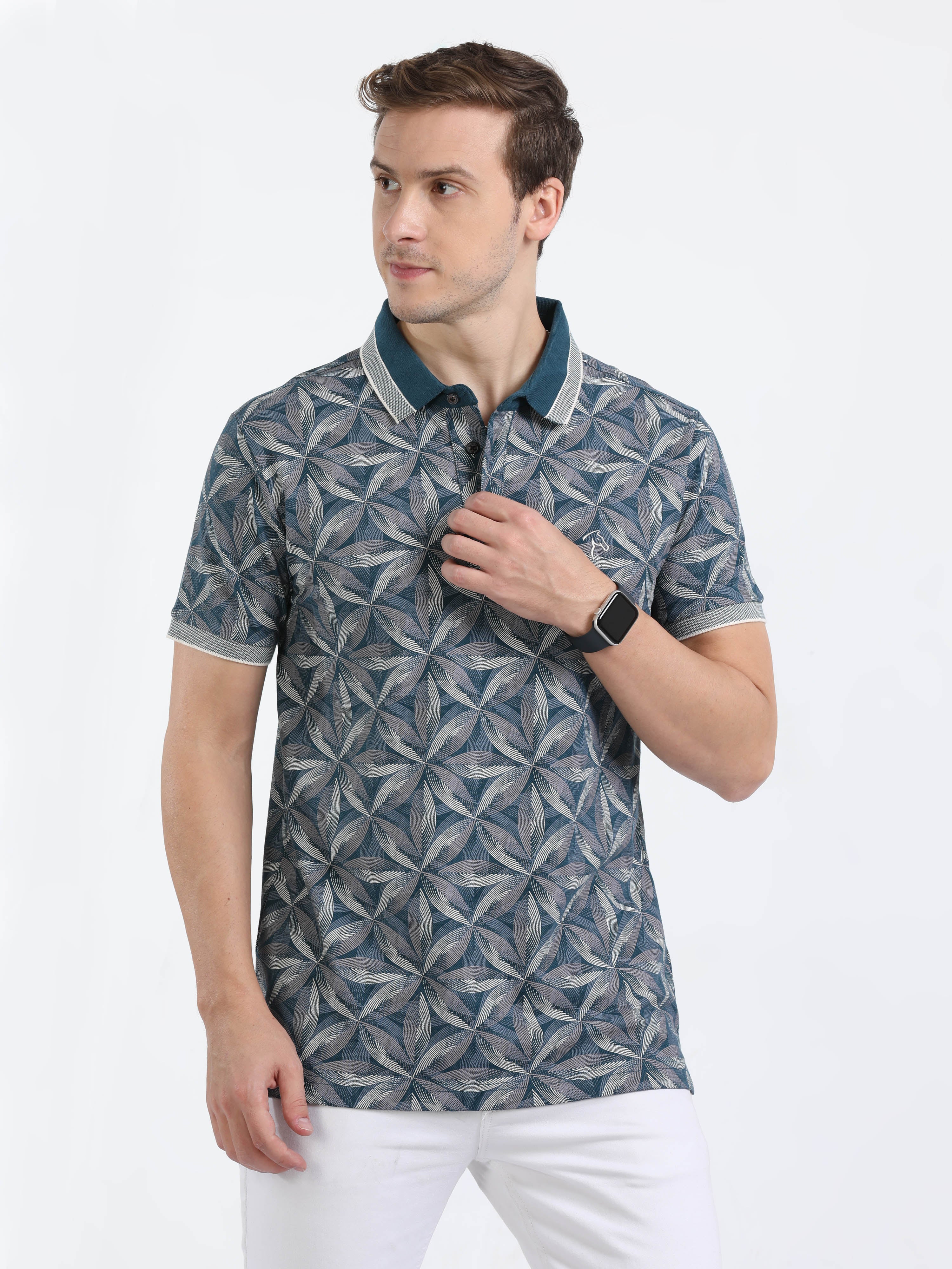 Classic Polo Mens Cotton Half Sleeves Floral Slim Fit Polo Neck Blue Color T-Shirt | Brp - 387 A Sf P