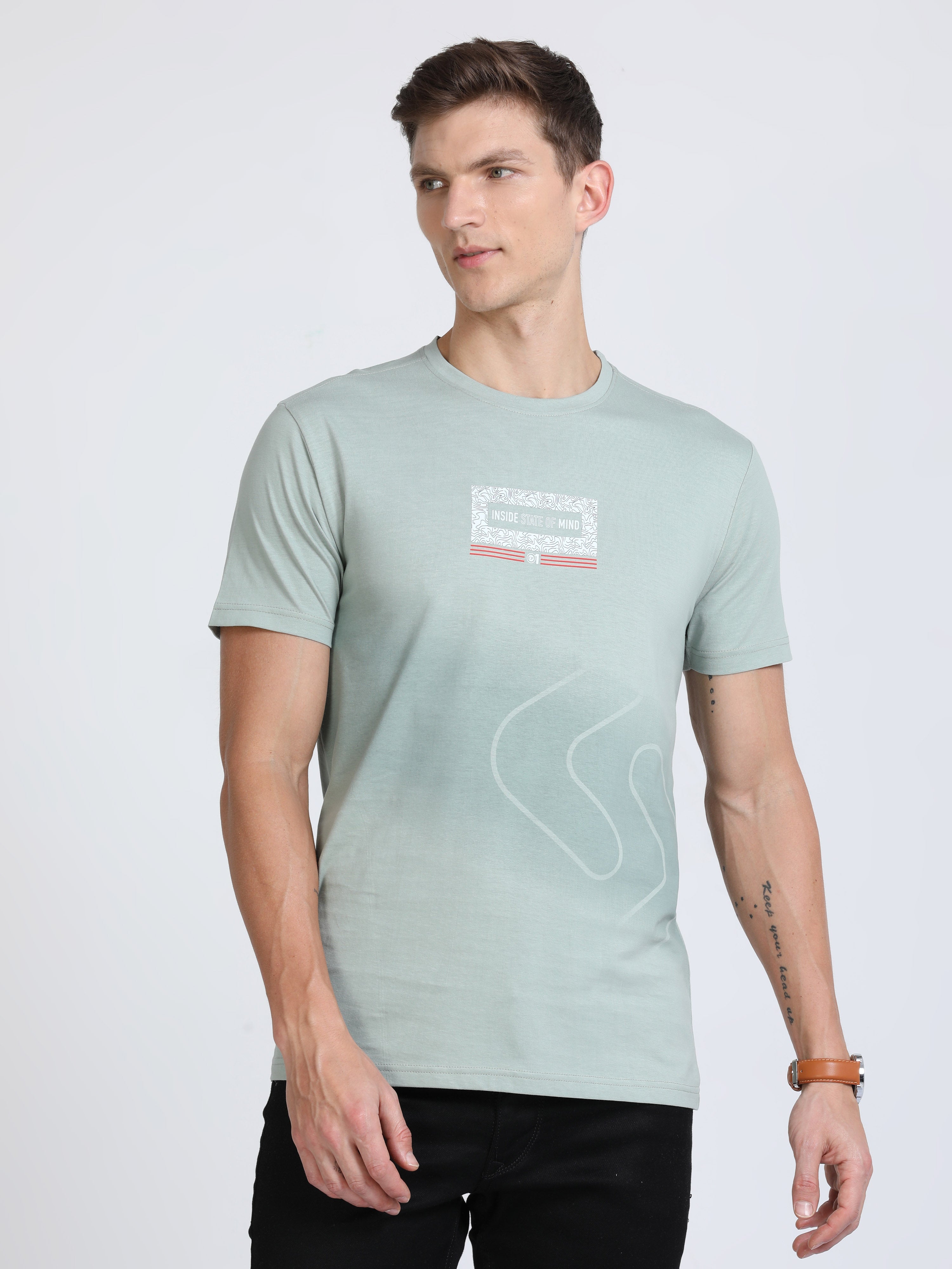 Classic Polo Mens Cotton Half Sleeves Printed Slim Fit Crew Neck Light Blue Color T-Shirt | Baleno - 563 B Sf C