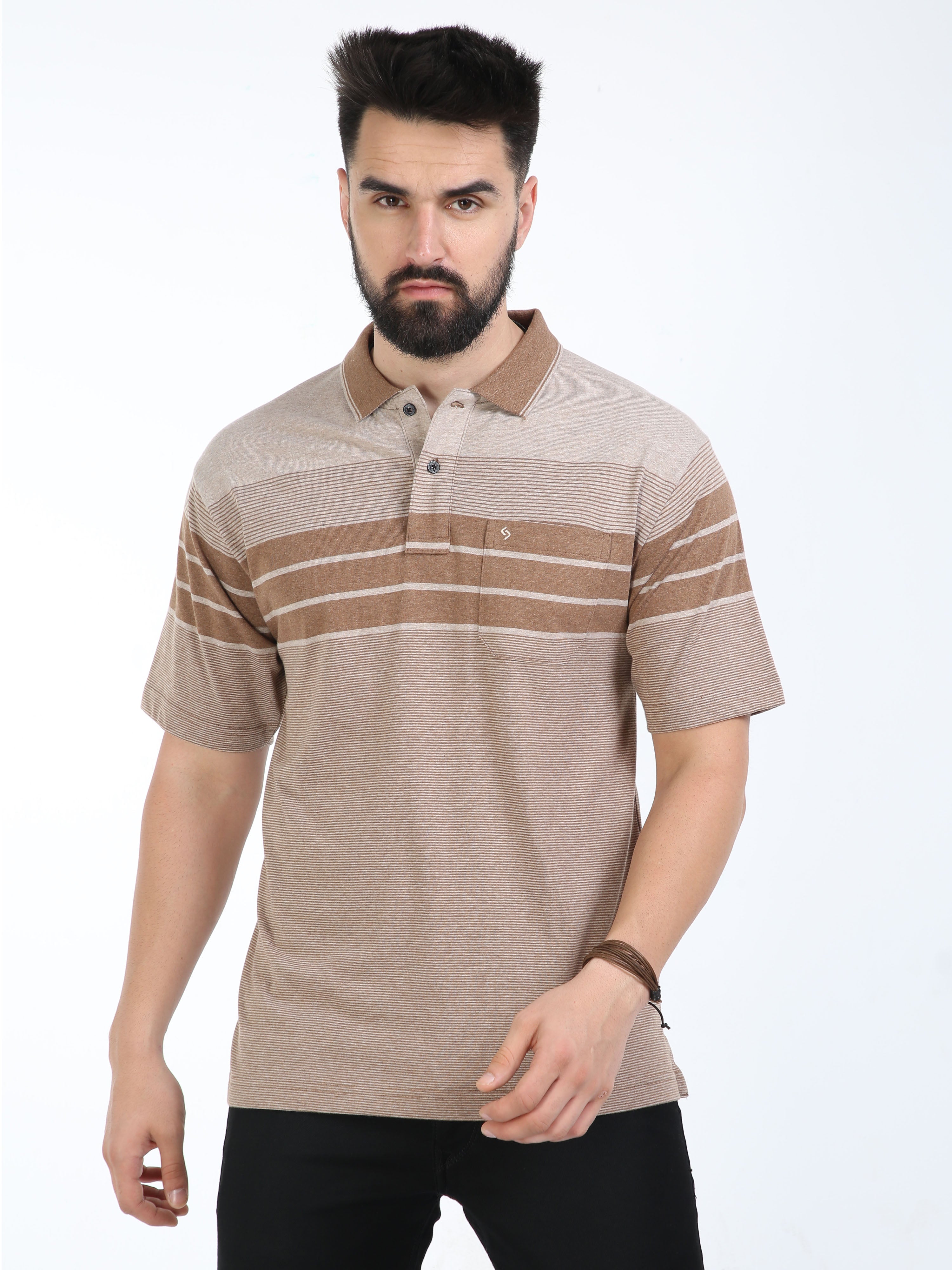 Classic Polo Mens Cotton Half Sleeves Striped Authentic Fit Polo Neck Cream Color T-Shirt | Mel - 242 B Af P