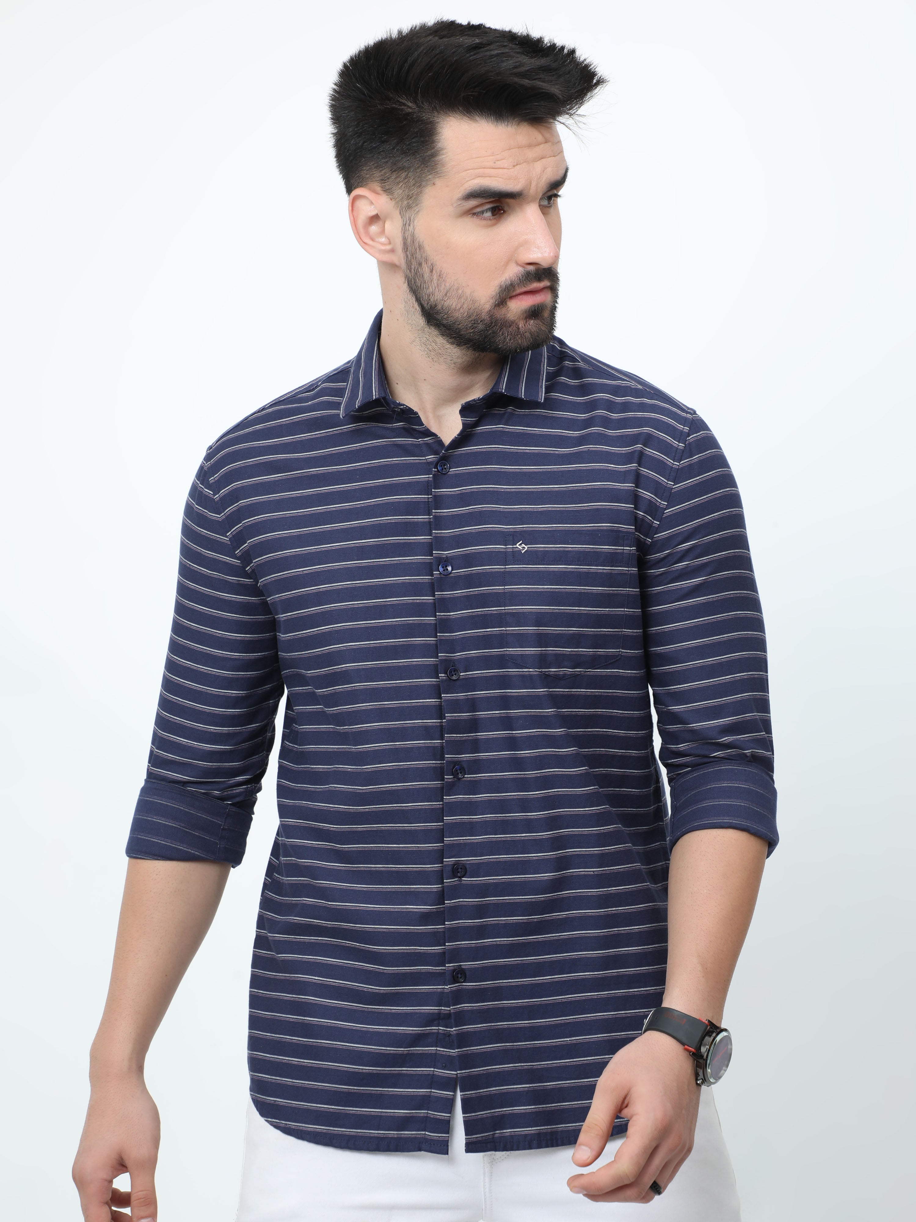 Classic Polo Mens Pure Cotton Full Sleeves Striped Slim Fit Polo Neck Navy Blue Color Woven Shirt | So2-173 A-Fs-Str-Sf