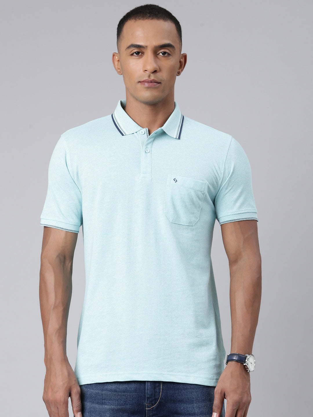 Classic Polo Mens Solid Aqua Blue Polo Neck Slim Fit T-Shirt | TOY-TOZA-AQUA SF P