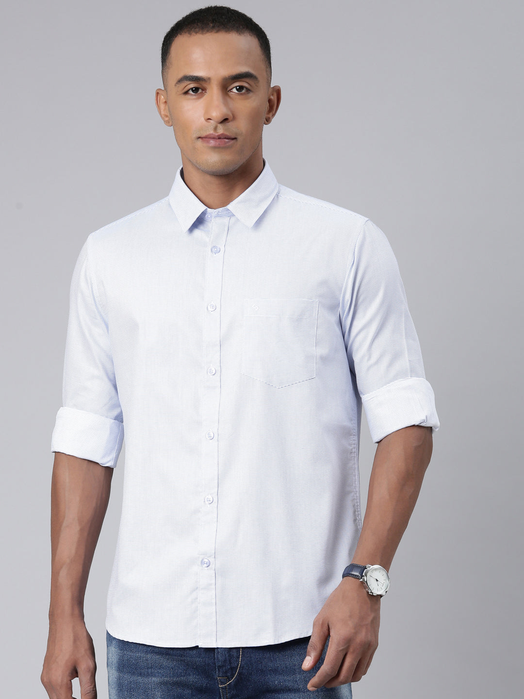 Classic Polo Mens Striped Lt.Blue Polo Neck Woven Slim Fit Shirt | SFRO2-03 C-FS-CHK-SF