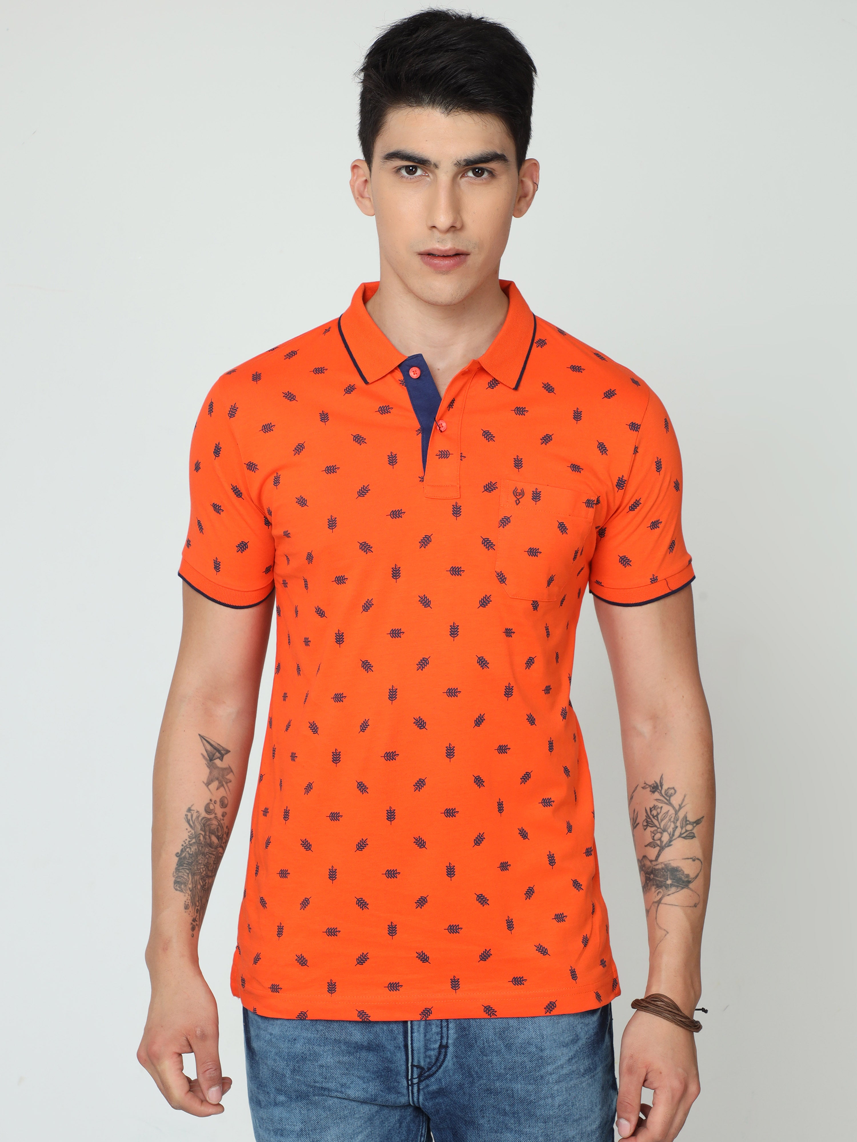 Classic Polo Mens 100% Cotton Orange Printed Polo Neck Half Sleeves Slim Fit T-Shirt |Cp-Polo Neck-01