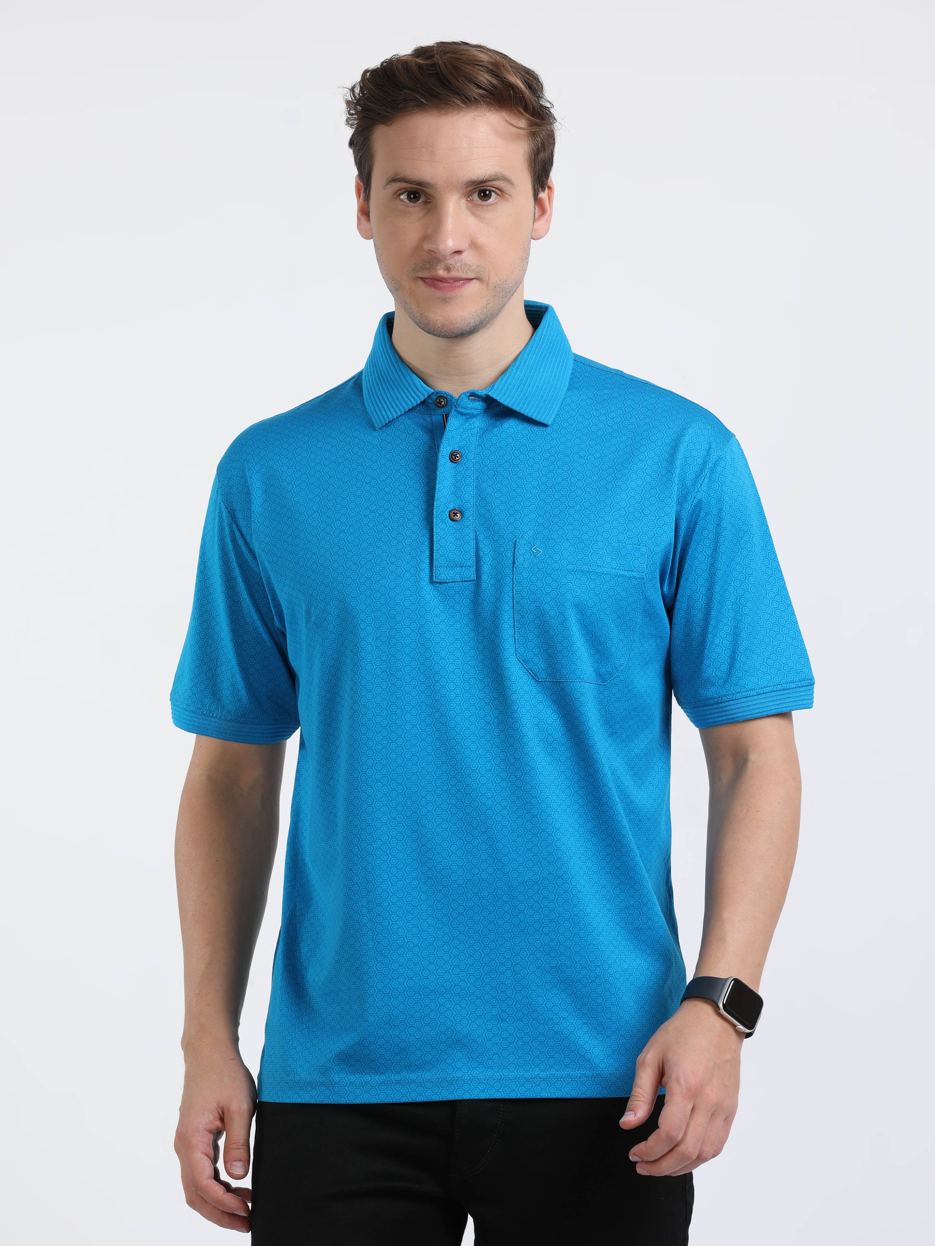 Classic Polo Mens Cotton Half Sleeves Floral Authentic Fit Crew Neck Turqoise Color T-Shirt | Swank - 08 A Af C