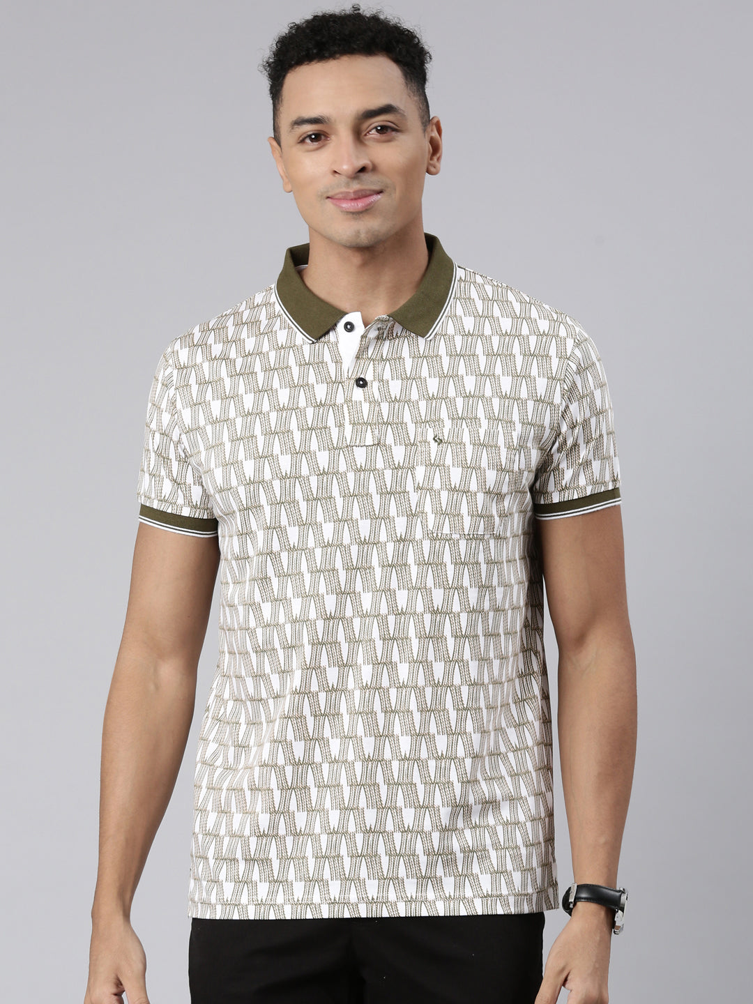 Classic Polo Men's Half Sleeve Olive/White Polo Neck Cotton Blend Slim Fit T-Shirt | BELLO - 304 B SF P