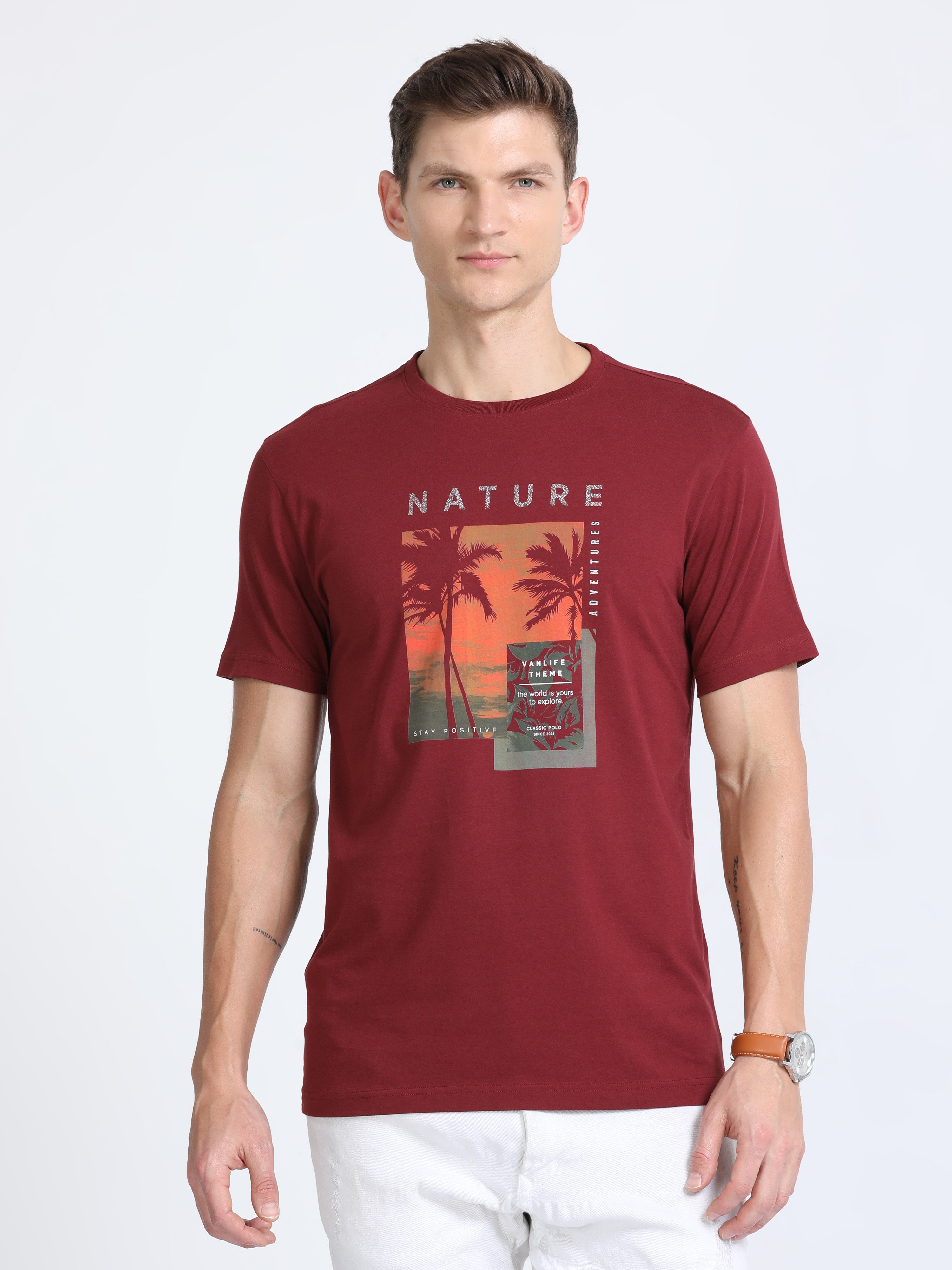Classic Polo Mens Cotton Half Sleeves Printed Slim Fit Crew Neck Brown Color T-Shirt | Baleno - 555 B Sf C