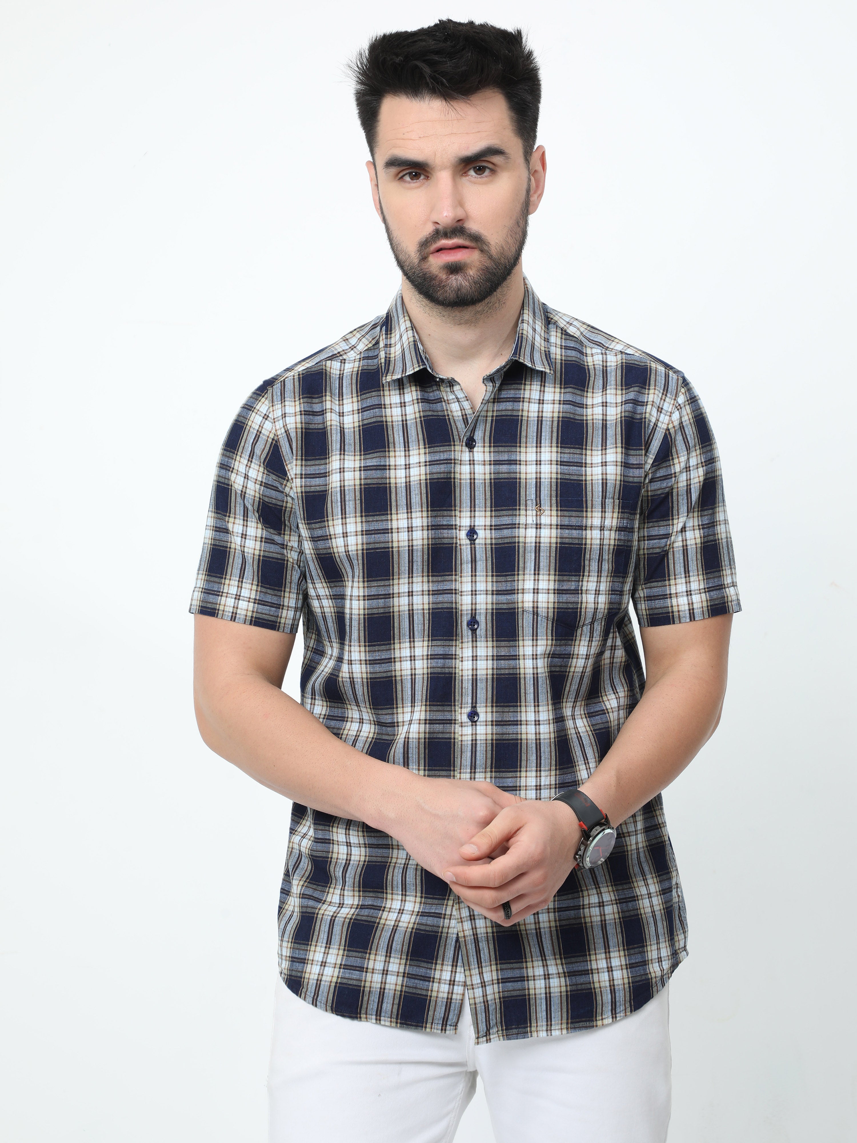 Classic Polo Mens Pure Cotton Half Sleeves Checked Slim Fit Polo Neck Navy Color Woven Shirt | So2-174 B-Hs-Chk-Sf