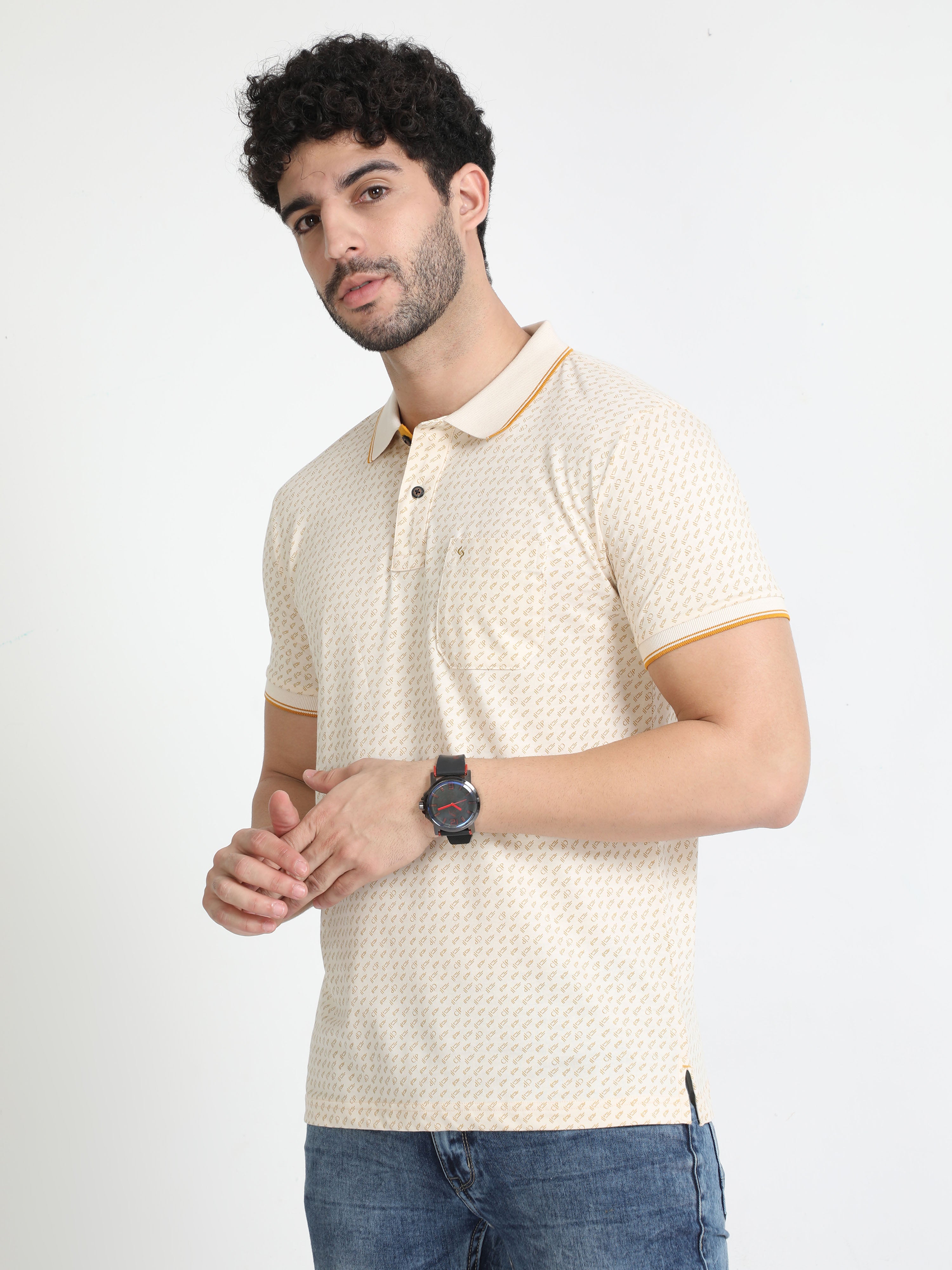 Classic Polo Mens Pure Cotton Half Sleeves Printed Slim Fit Polo Neck Yellow Color T-Shirt | Bello - 216 B Sf P