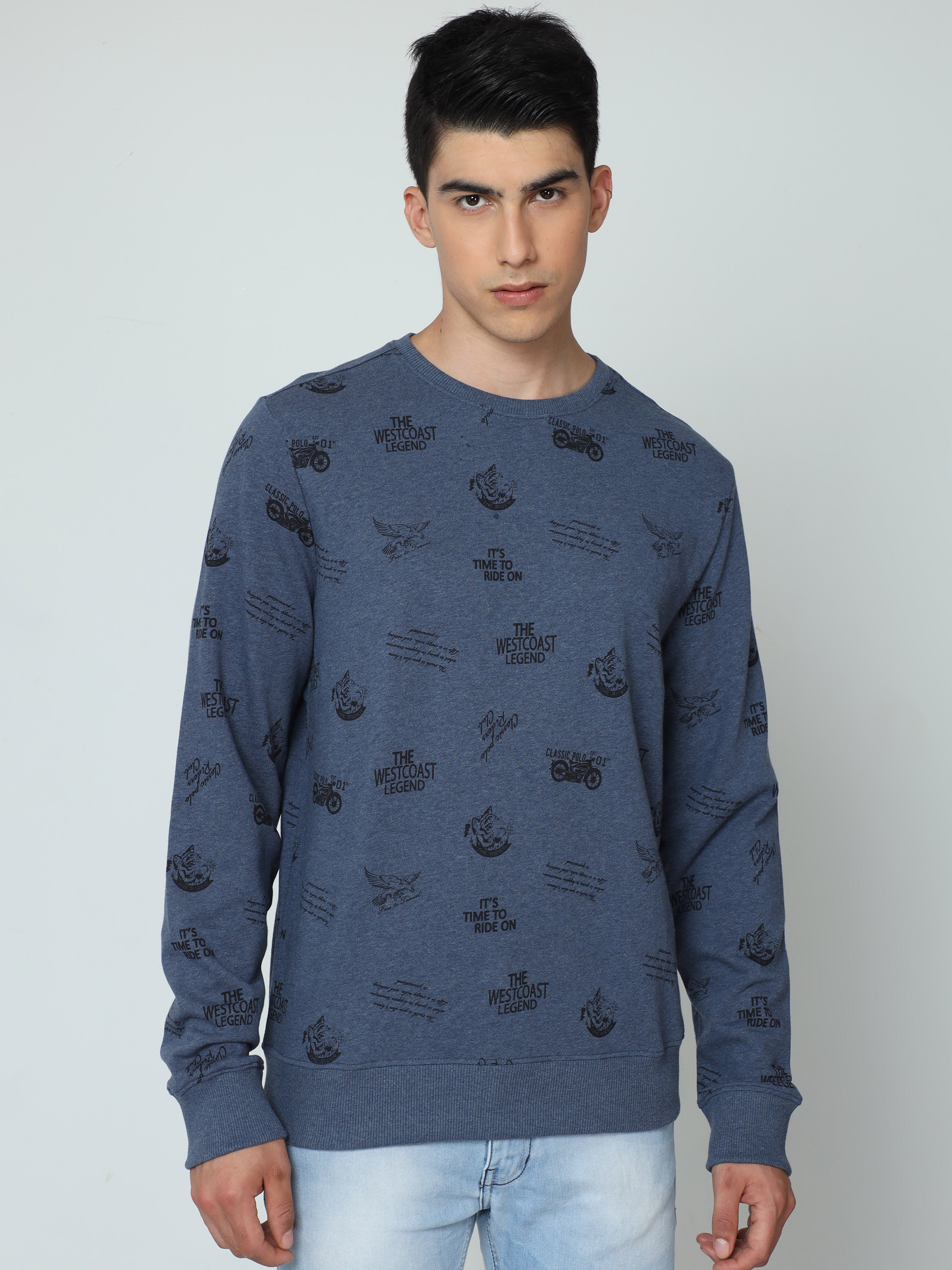 Classic Polo Mens 100% Cotton Blue Printed Crew Neck Full Sleeves Slim Fit Sweat Shirt |Cp-Ss-10