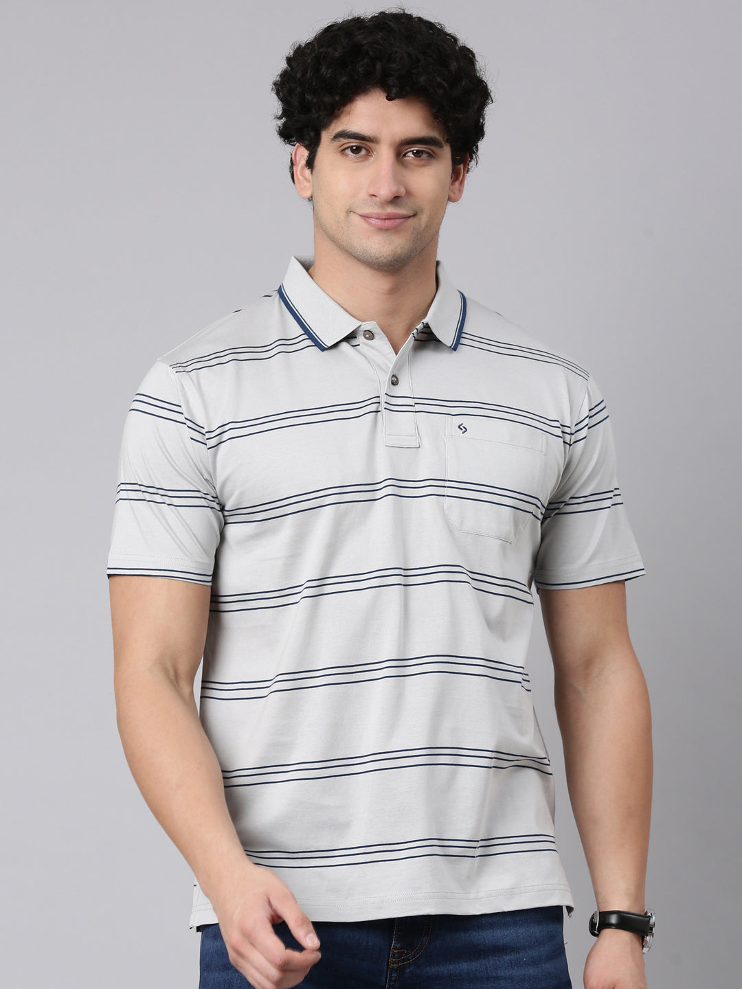 Classic Polo Men's Half Sleeve Grey Polo Neck Authentic Fit Striped Cotton T-Shirt | AP - 157 B AF P