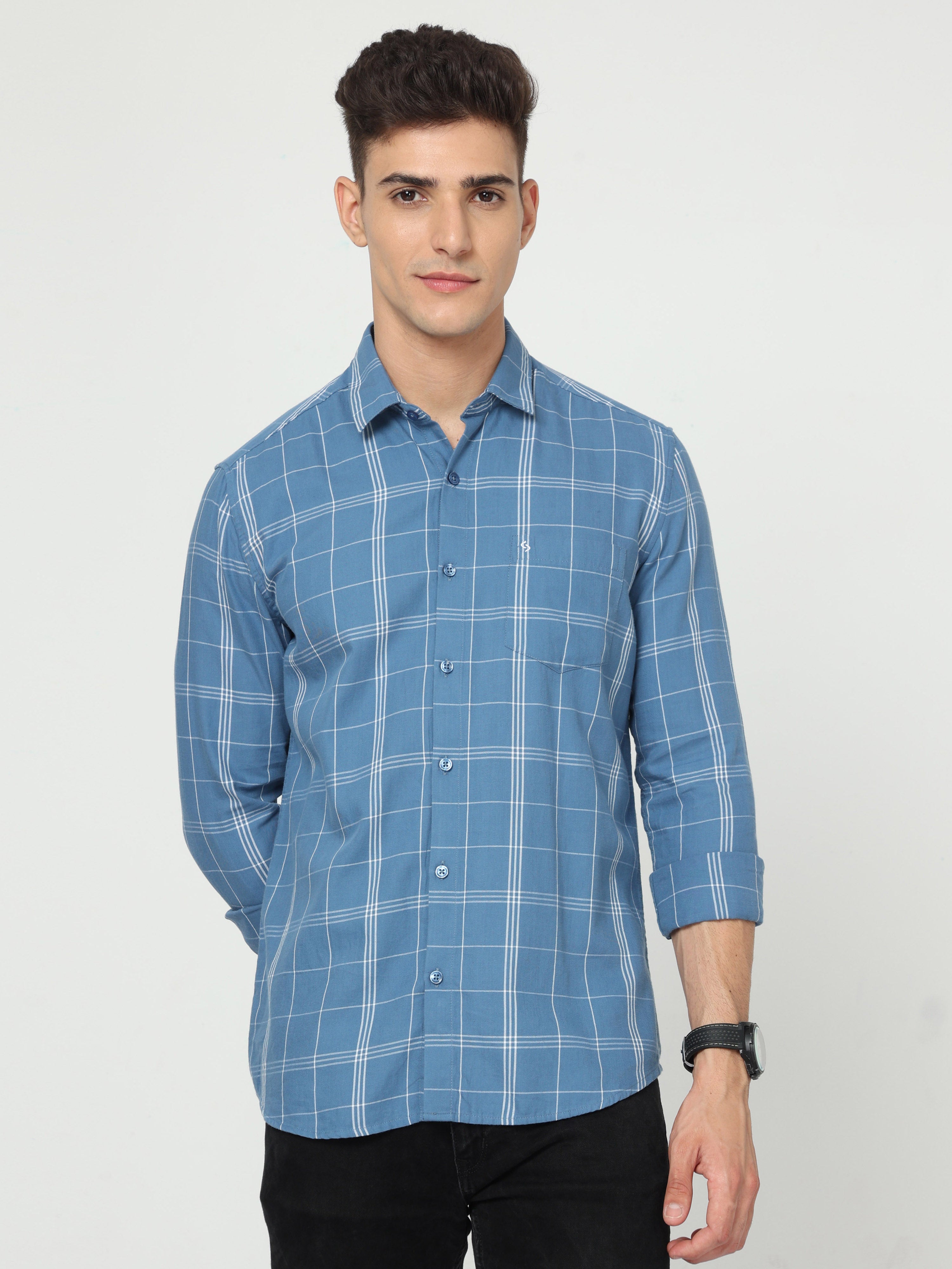 Classic Polo Mens Cotton Full Sleeve Checked Slim Fit Polo Neck Blue Color Woven Shirt | SO1-92 B-FS-CHK