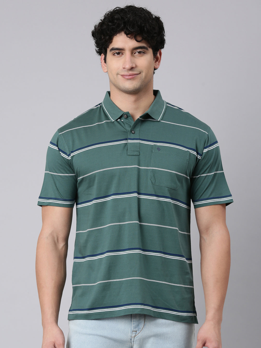 Classic Polo Men's Half Sleeve Dark Green Polo Neck Authentic Fit Striped Cotton T-Shirt | AP - 154 B AF P