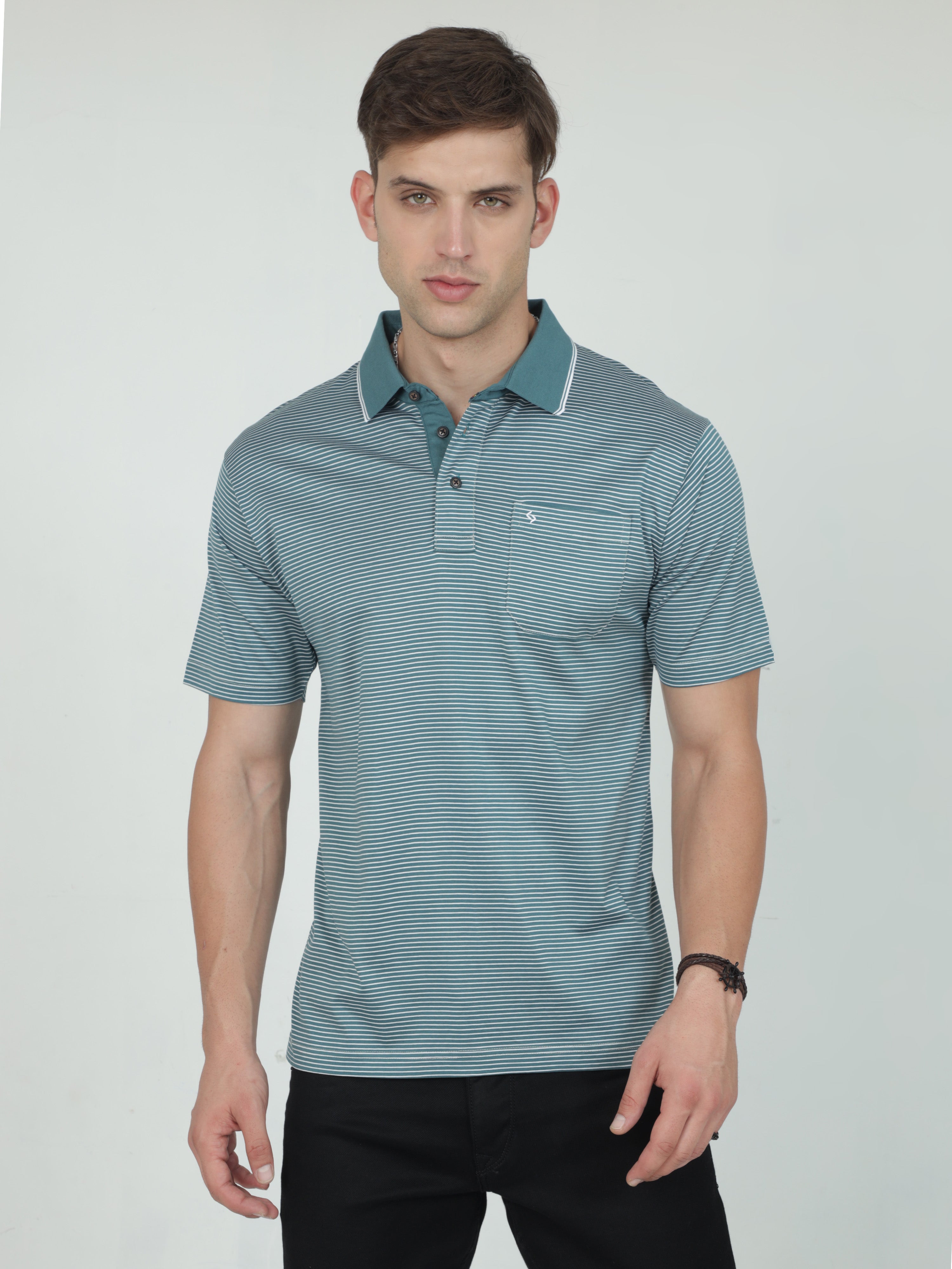 Classic Polo Mens Cotton Half Sleeves Striped Authentic Fit Polo Neck Light Green Color T-Shirt | Ultimo - 327 B Af P