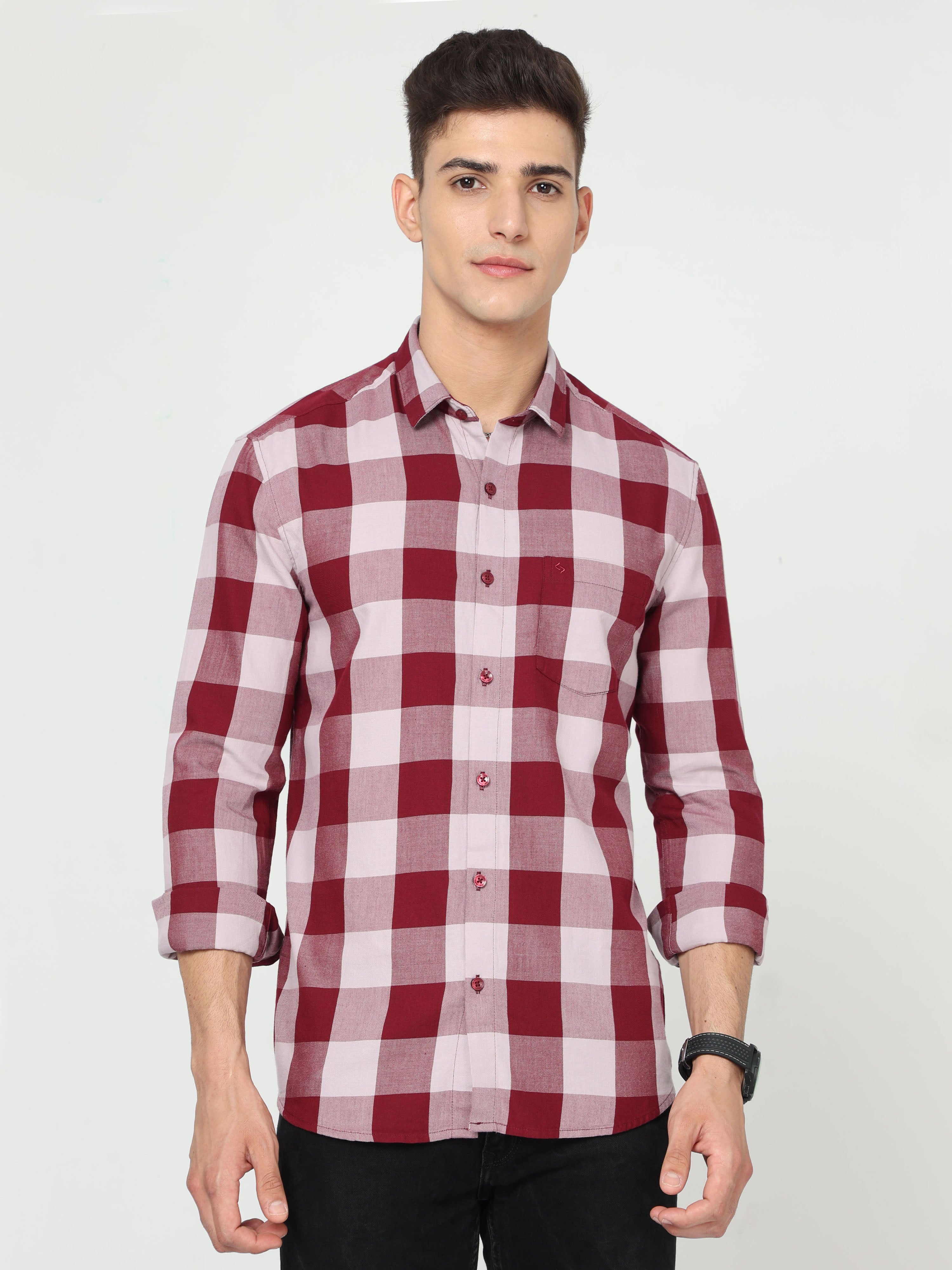 Classic Polo Mens Cotton Full Sleeve Checked Slim Fit Polo Neck Maroon Color Woven Shirt | SO1-156 A-FS-CHK