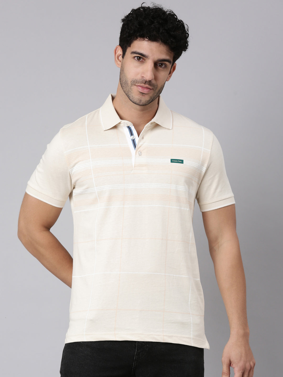 Classic Polo Men's Half Sleeve Cream Polo Neck Slim Fit Striped Cotton T-Shirt | FP - 22 A SF P