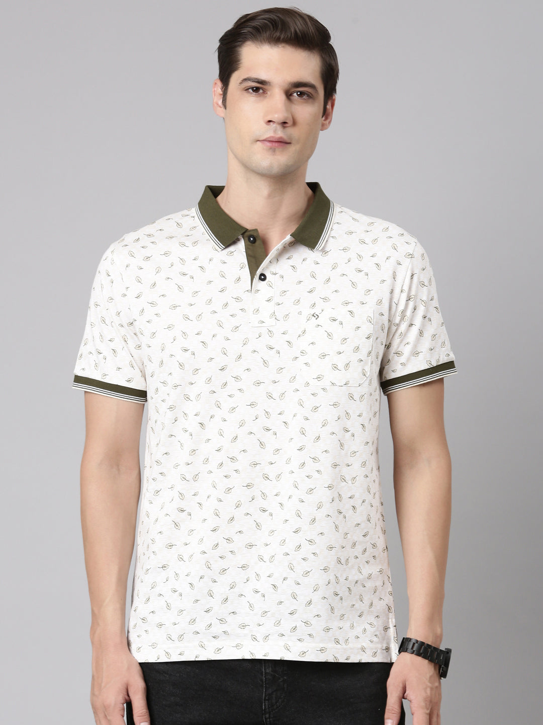 Classic Polo Men's Polo Neck Cotton White/Olive Slim Fit Printed T-Shirt | BELLO-285 B SF P