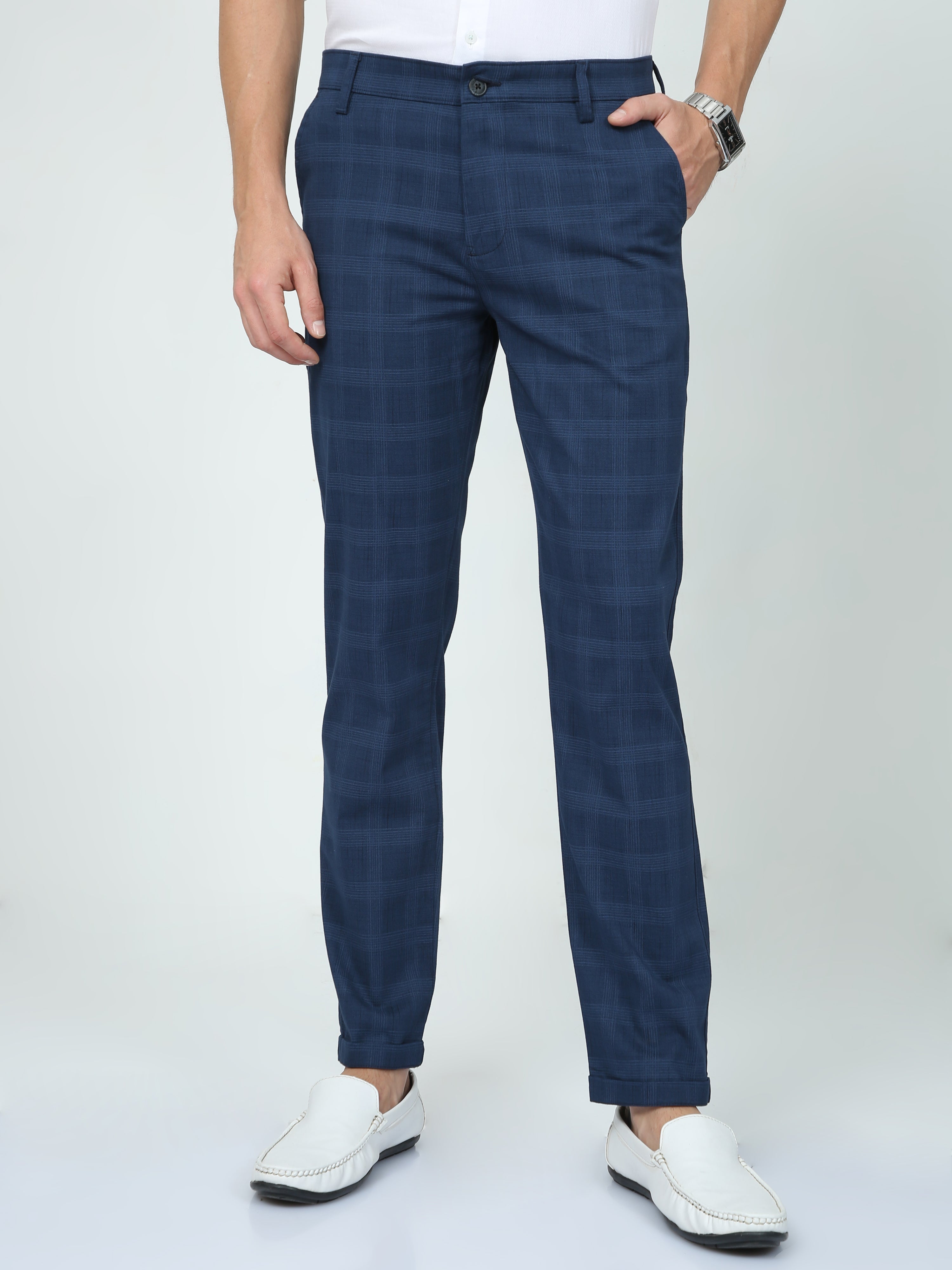 CP BRO Mens Ankle Fit Checked Navy Color Trousers | Tbo2-09 A-Nvy-Af-Ly