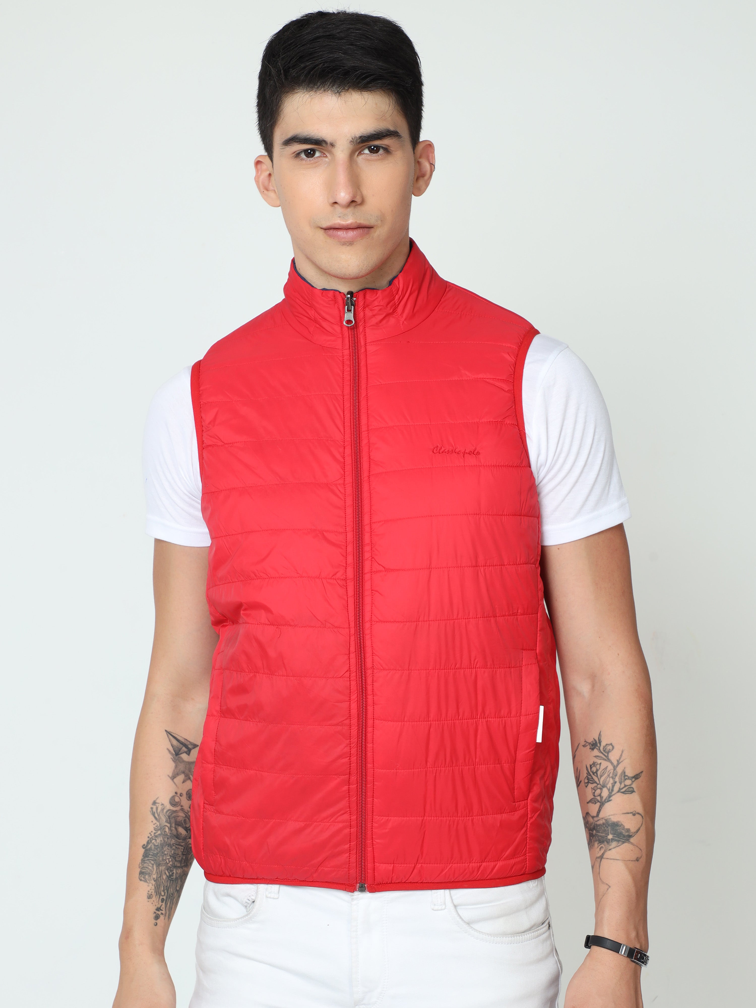 Classic Polo Mens 100% Cotton Red & Black Solid Crew Neck Sleeveless Slim Fit Jackets |Cp-Jkt-Sl-02