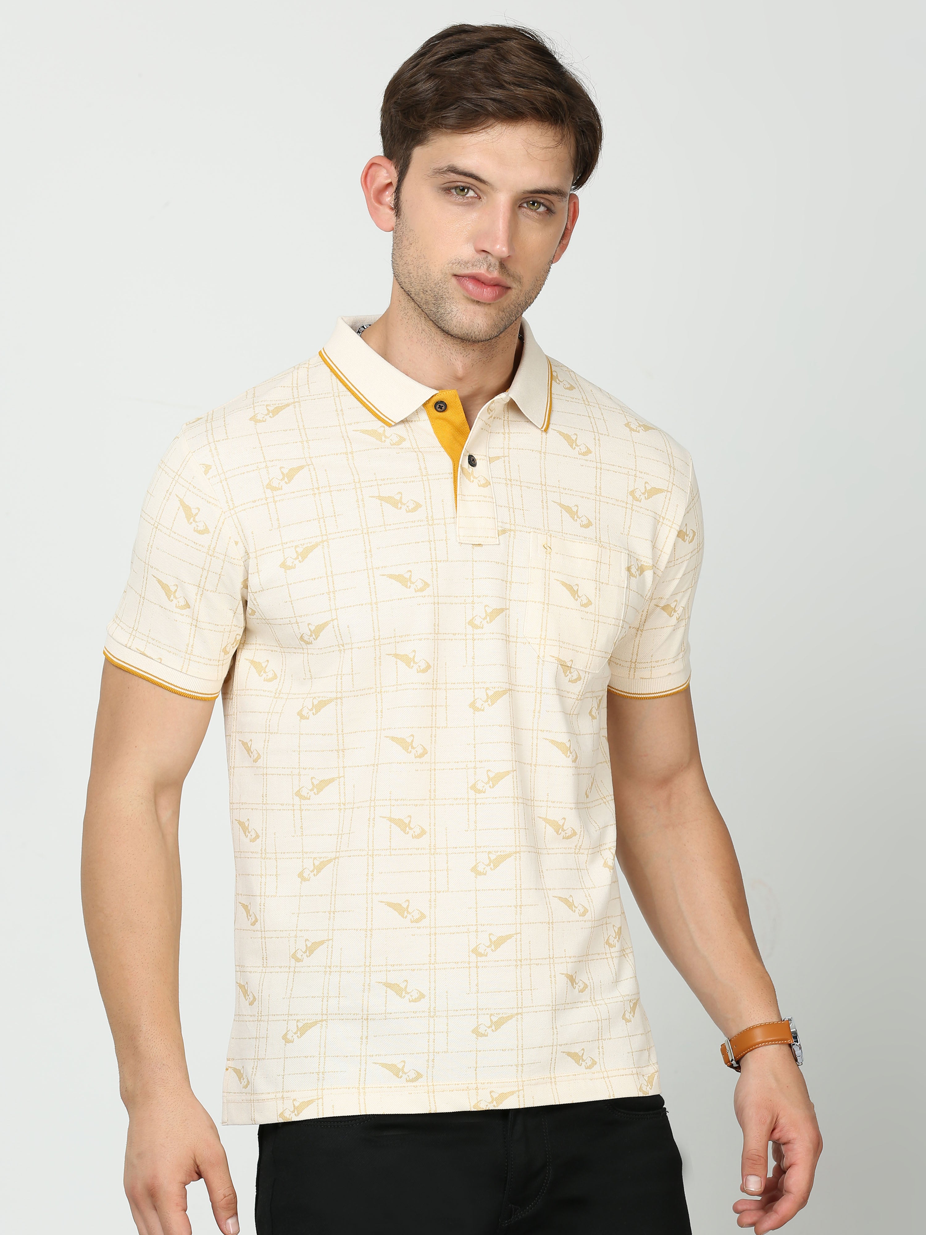 Classic Polo Mens Cotton Half Sleeves Floral Slim Fit Polo Neck Yellow Color T-Shirt | Beau - 224 B Sf P