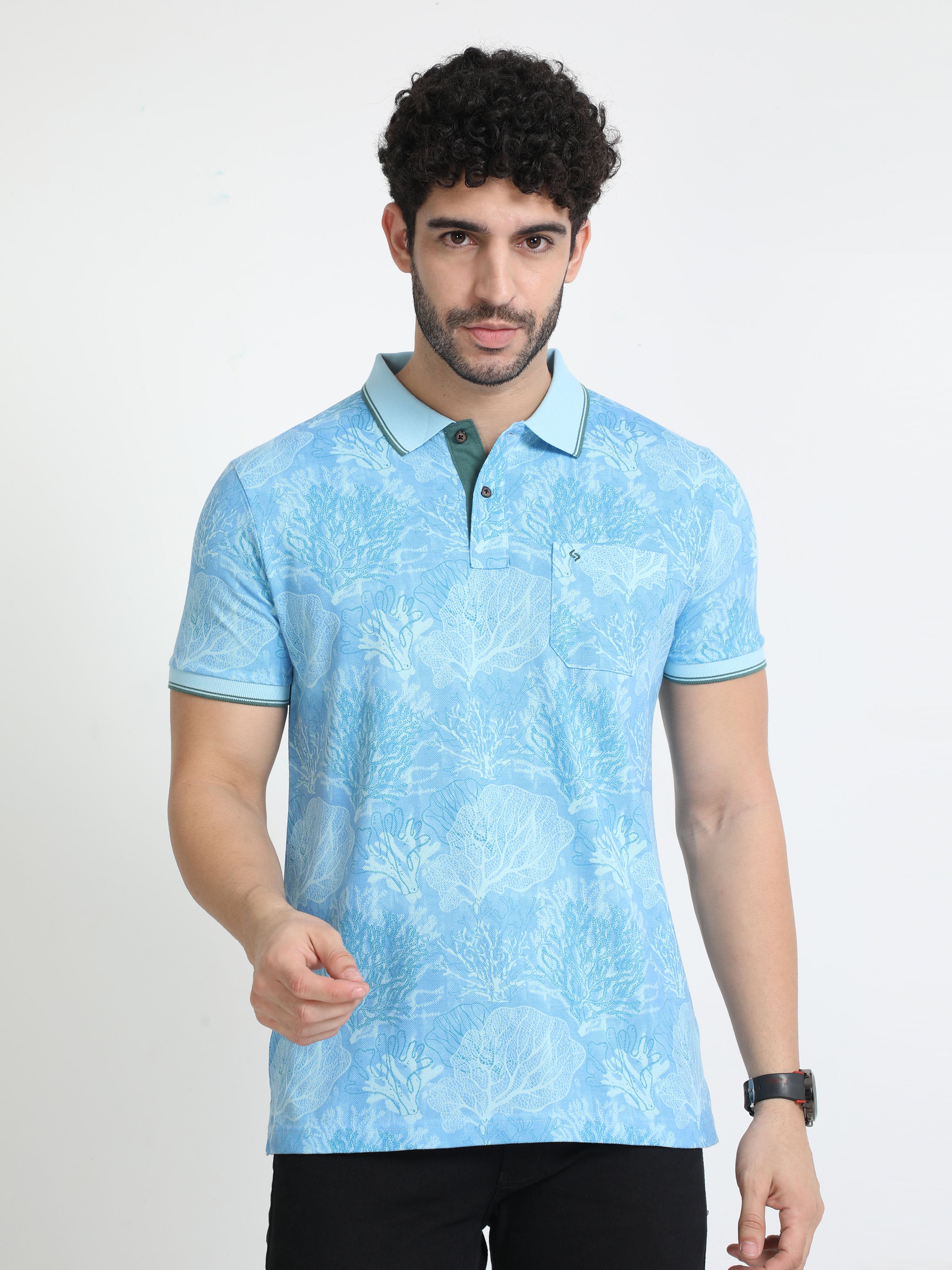Classic Polo Mens Cotton Half Sleeves Floral Slim Fit Polo Neck Aqua Blue Color T-Shirt | Beau - 213 B Sf P