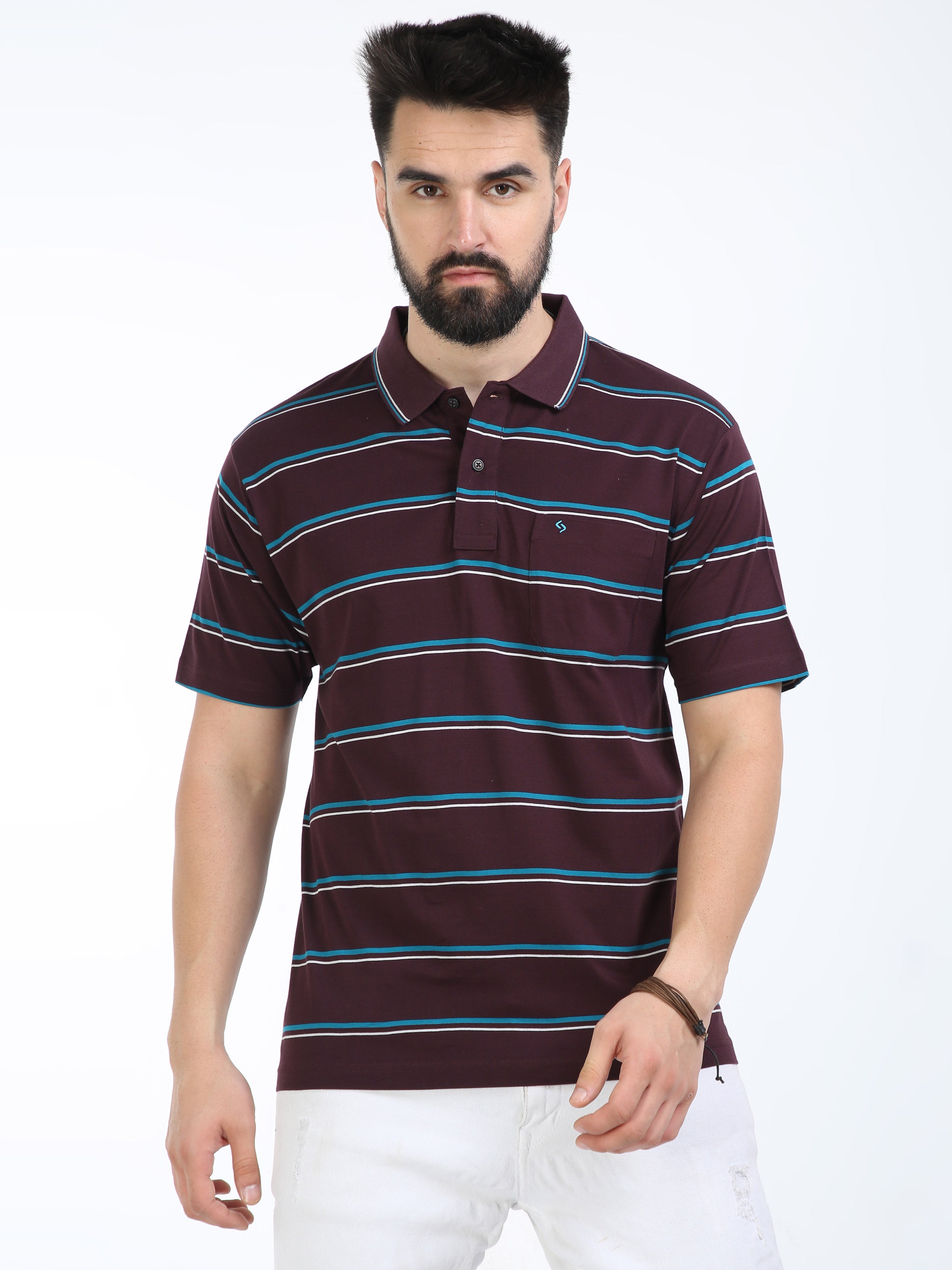 Classic Polo Mens Cotton Half Sleeves Striped Authentic Fit Polo Neck Burgundy Color T-Shirt | Ap - 102 A Af P