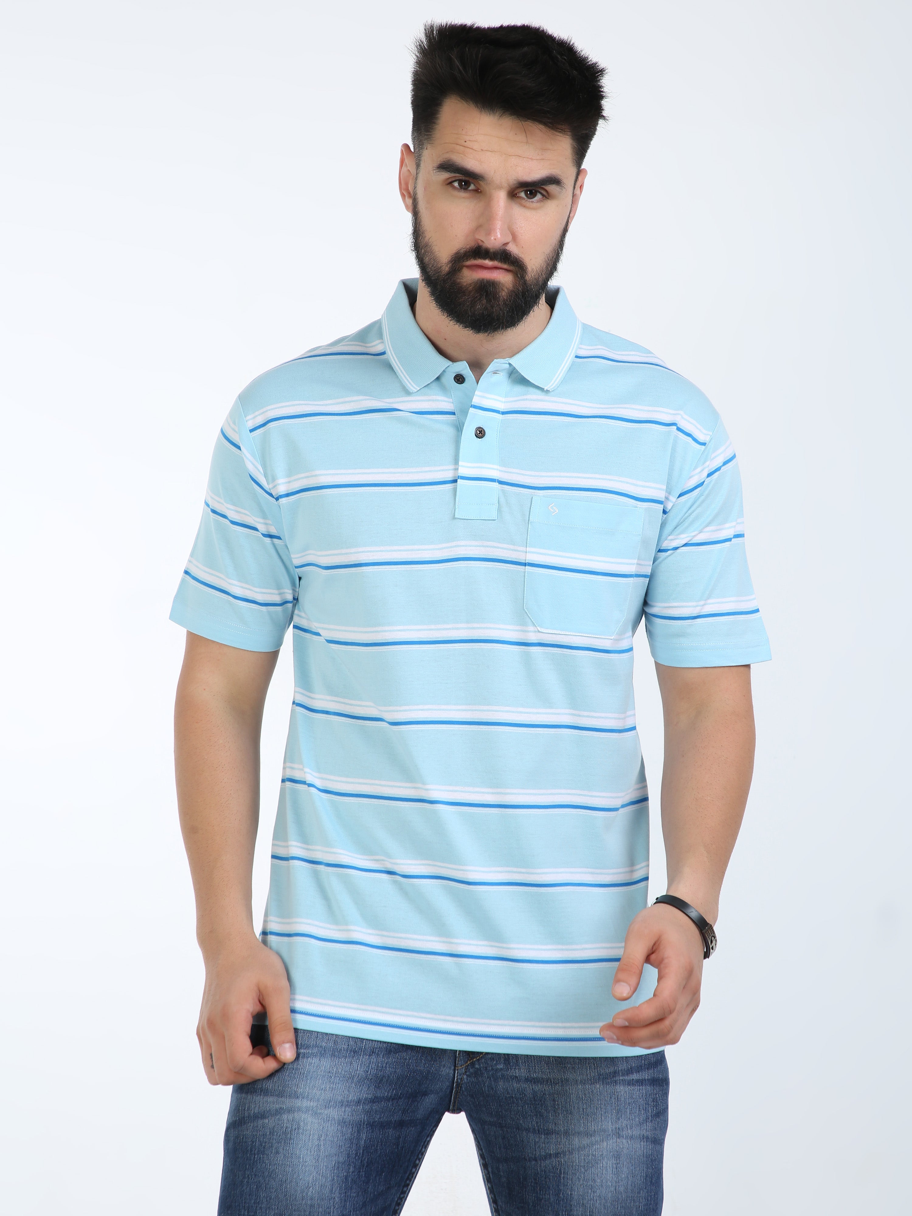 Classic Polo Mens Cotton Half Sleeves Striped Authentic Fit Polo Neck Aqua Color T-Shirt | Ap - 96 B Af P