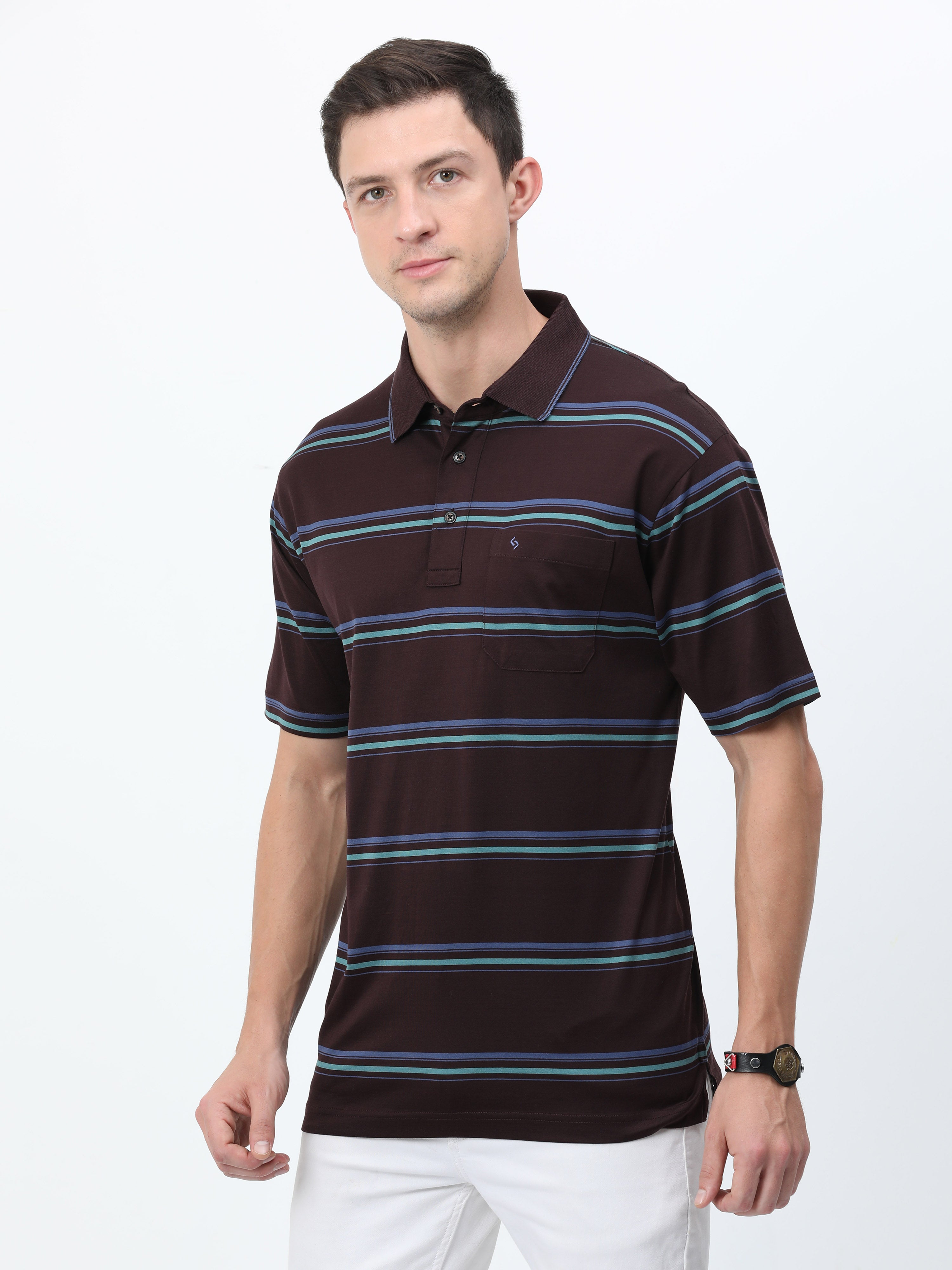 Classic Polo Mens Cotton Half Sleeves Striped Authentic Fit Polo Neck Brown Color T-Shirt | Ultimo - 330 B Af P