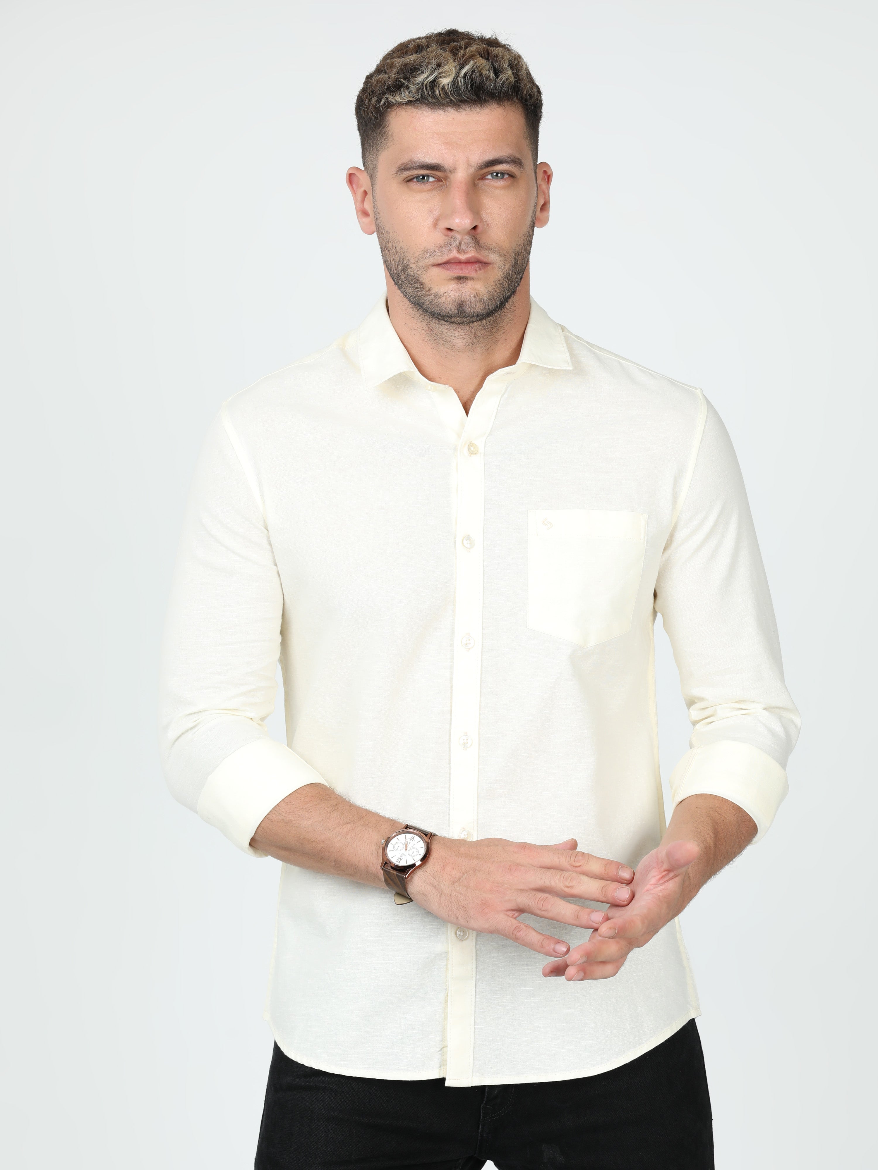 Classic Polo Mens Linen Cotton Full Sleeve Slim Fit Polo Neck Cream Color Woven Shirt | Linen - 12 B-FS-SLD-SF