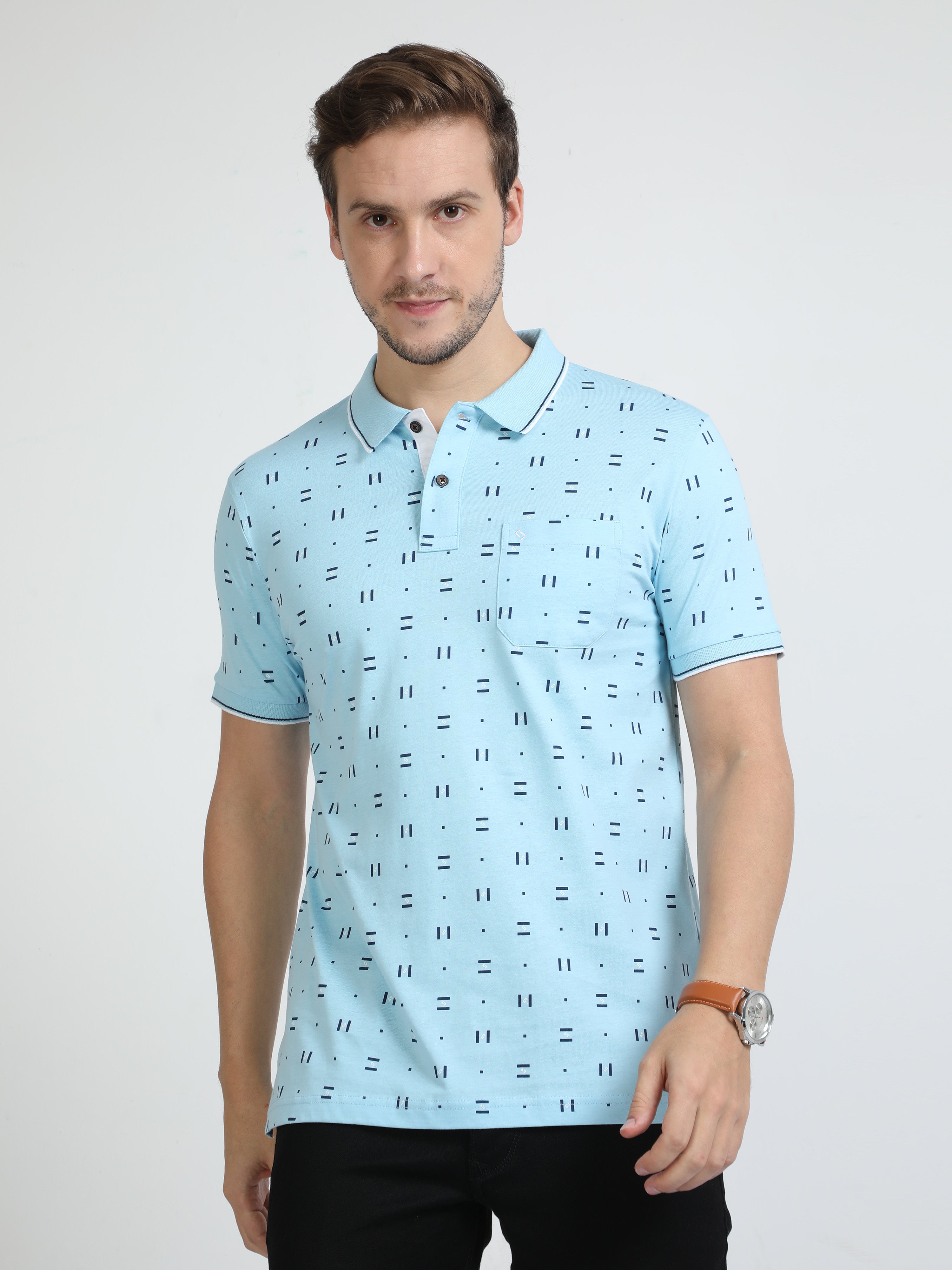 Classic Polo Mens Cotton Half Sleeves Printed Slim Fit Polo Neck Blue Color T-Shirt | Bello - 218 B Sf P