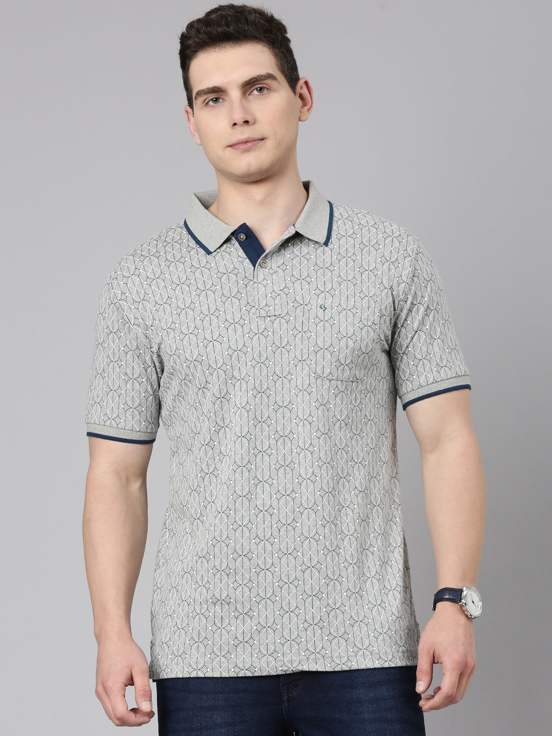 Classic Polo Men's Half Sleeve Grey Polo Neck Slim Fit All Over Print Cotton T-Shirt | BEAU - 290 B SF P