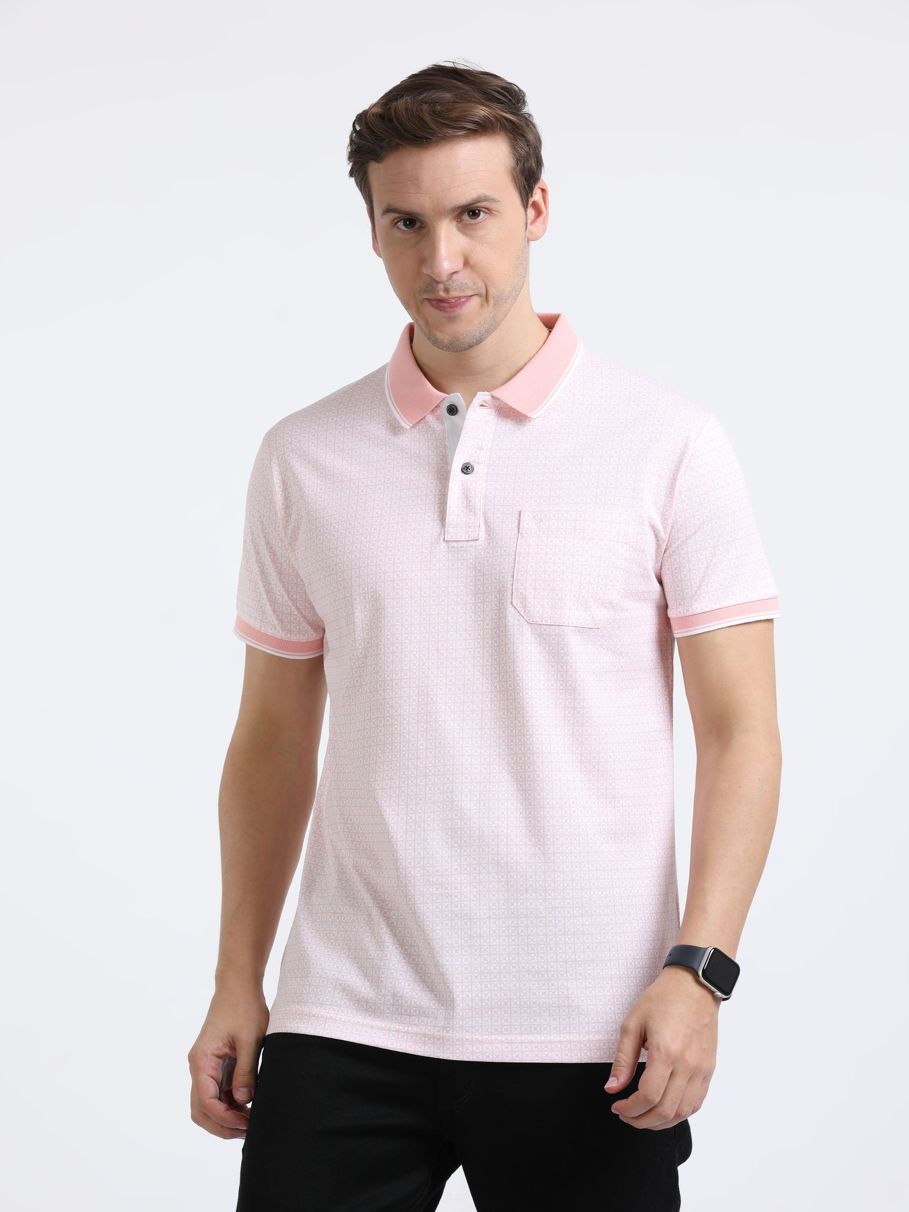 Classic Polo Mens Pure Cotton Half Sleeves Printed Slim Fit Polo Neck Peach Color T-Shirt | Bello - 217 A Sf P