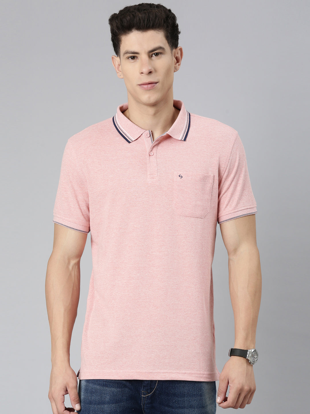 Classic Polo Mens Solid Pink Polo Neck Slim Fit T-Shirt TOY-TOZA-HORMON PINK SF P