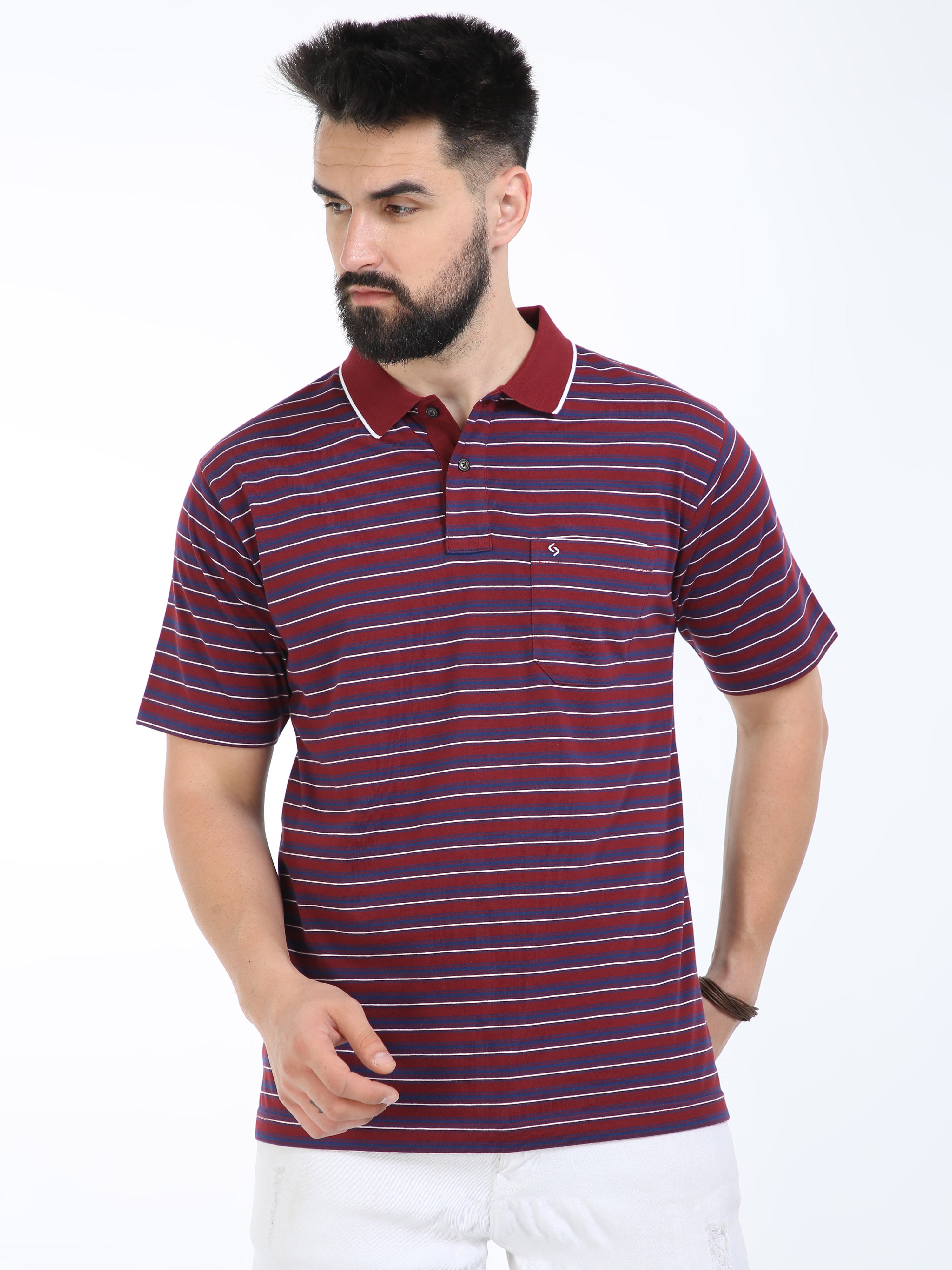 Classic Polo Mens Cotton Half Sleeves Striped Authentic Fit Polo Neck Maroon Color T-Shirt | Feeders-239 B Af P