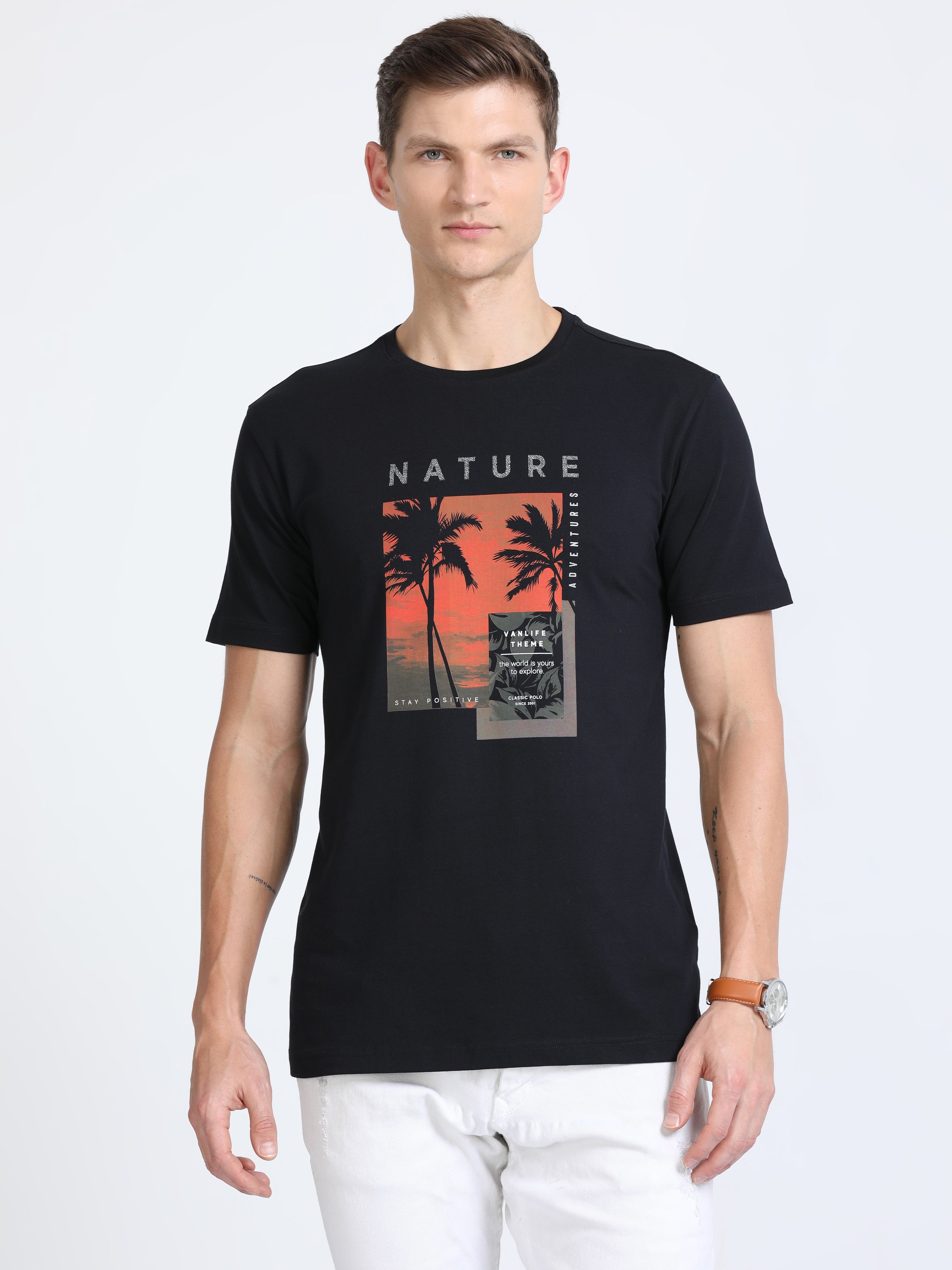 Classic Polo Mens Cotton Half Sleeves Printed Slim Fit Crew Neck Black Color T-Shirt | Baleno - 555 A Sf C