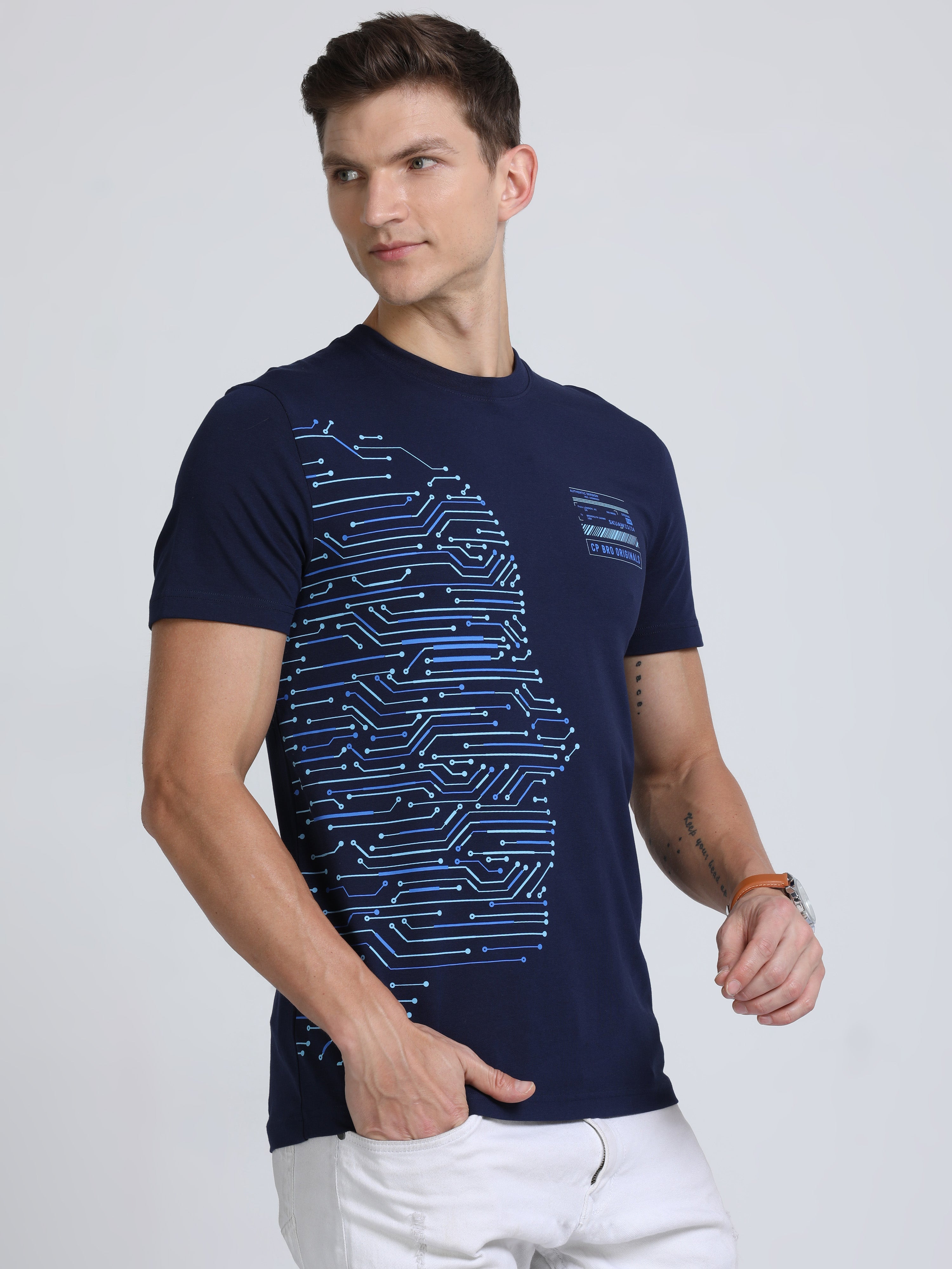 Classic Polo Mens Cotton Half Sleeves Printed Slim Fit Crew Neck Navy Color T-Shirt | Brcn - 551 A Sf C