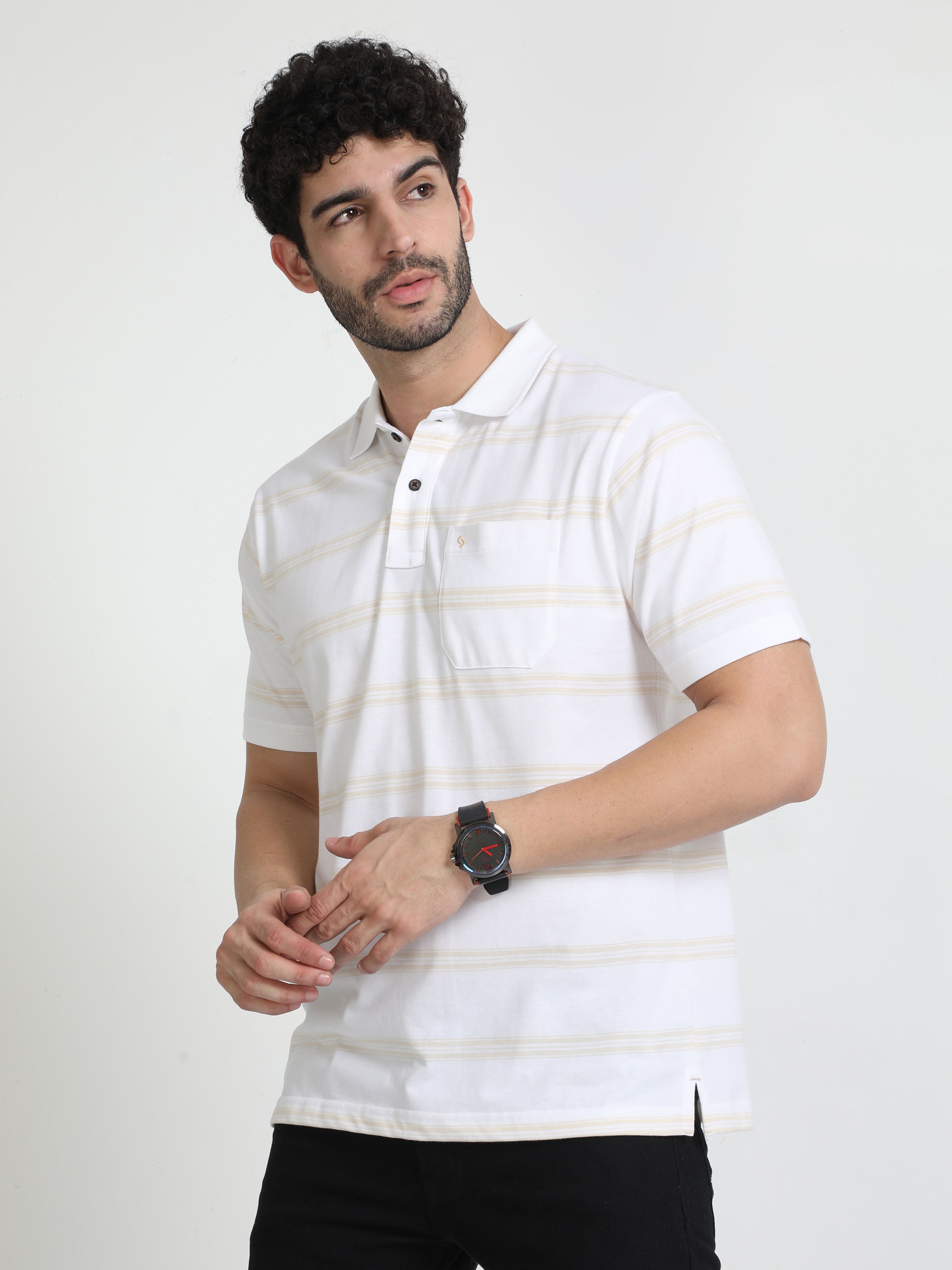 Classic Polo Mens Cotton Half Sleeves Striped Authentic Fit Polo Neck Cream Color T-Shirt | Avon - 536 A Af P
