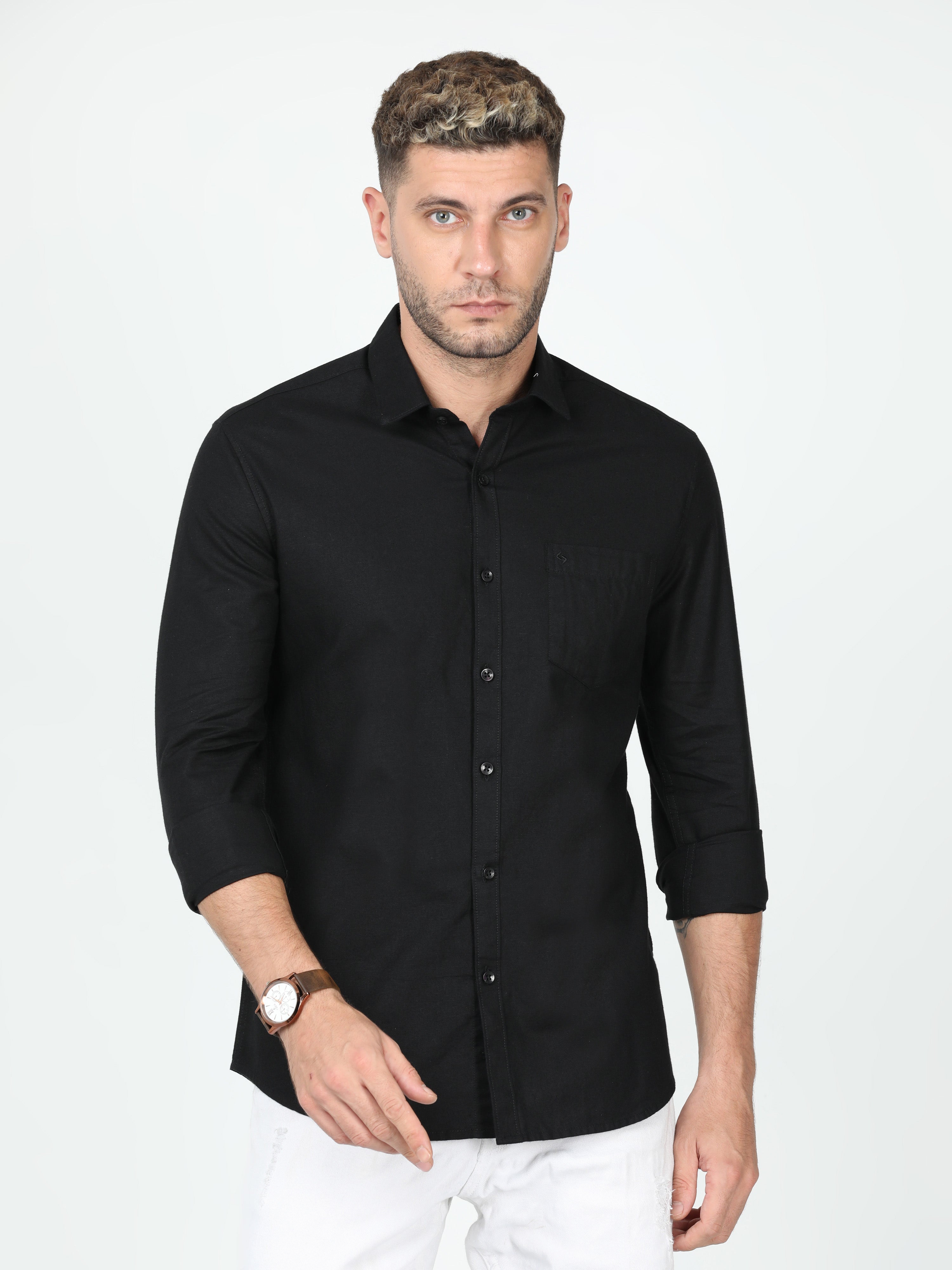 Classic Polo Mens Linen Cotton Full Sleeve Slim Fit Polo Neck Black Color Woven Shirt | Linen - 26 E-FS-SLD-SF