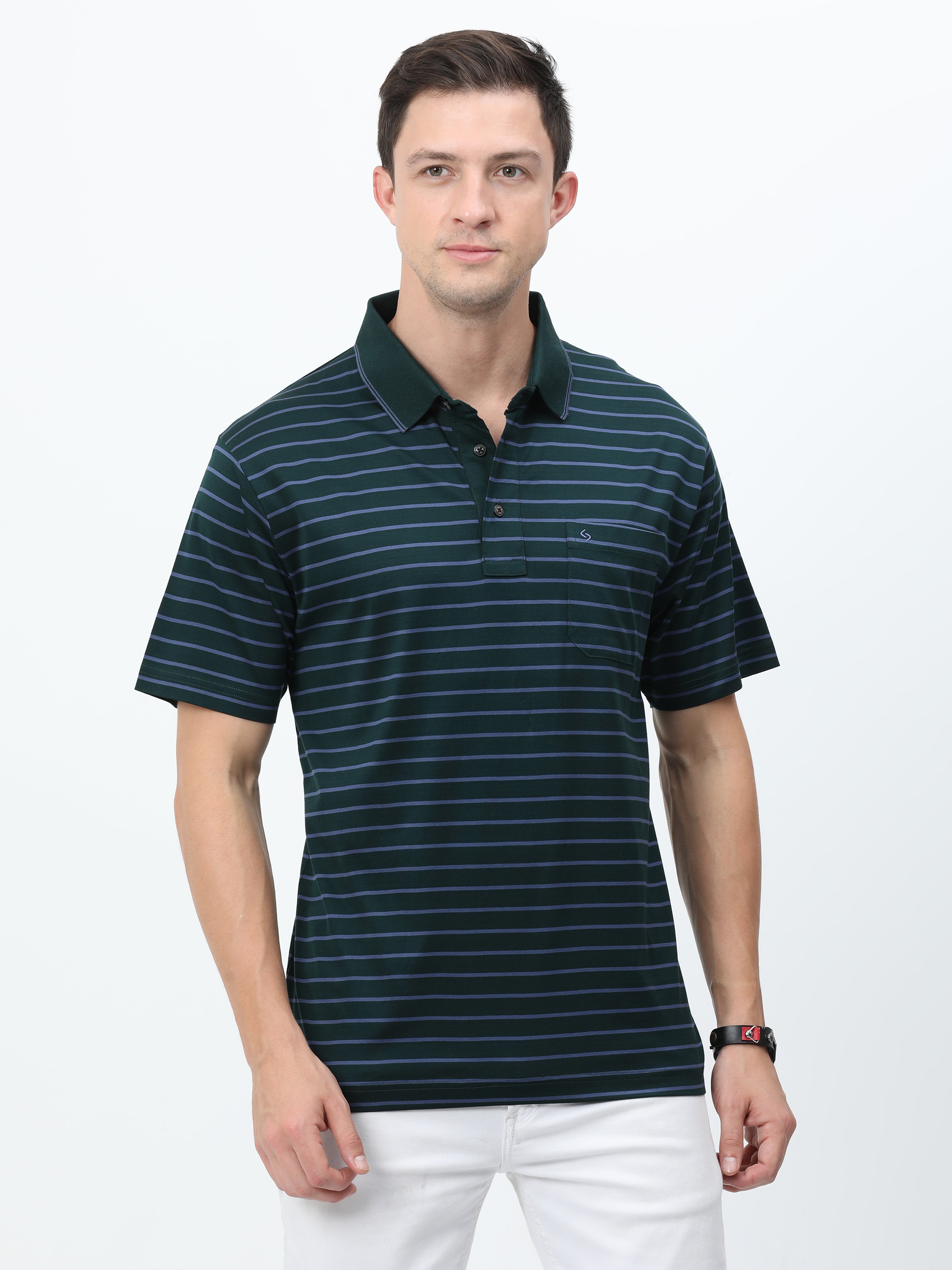 Classic Polo Mens Cotton Half Sleeves Striped Authentic Fit Polo Neck Dark Green Color T-Shirt | Ultimo - 329 A Af P