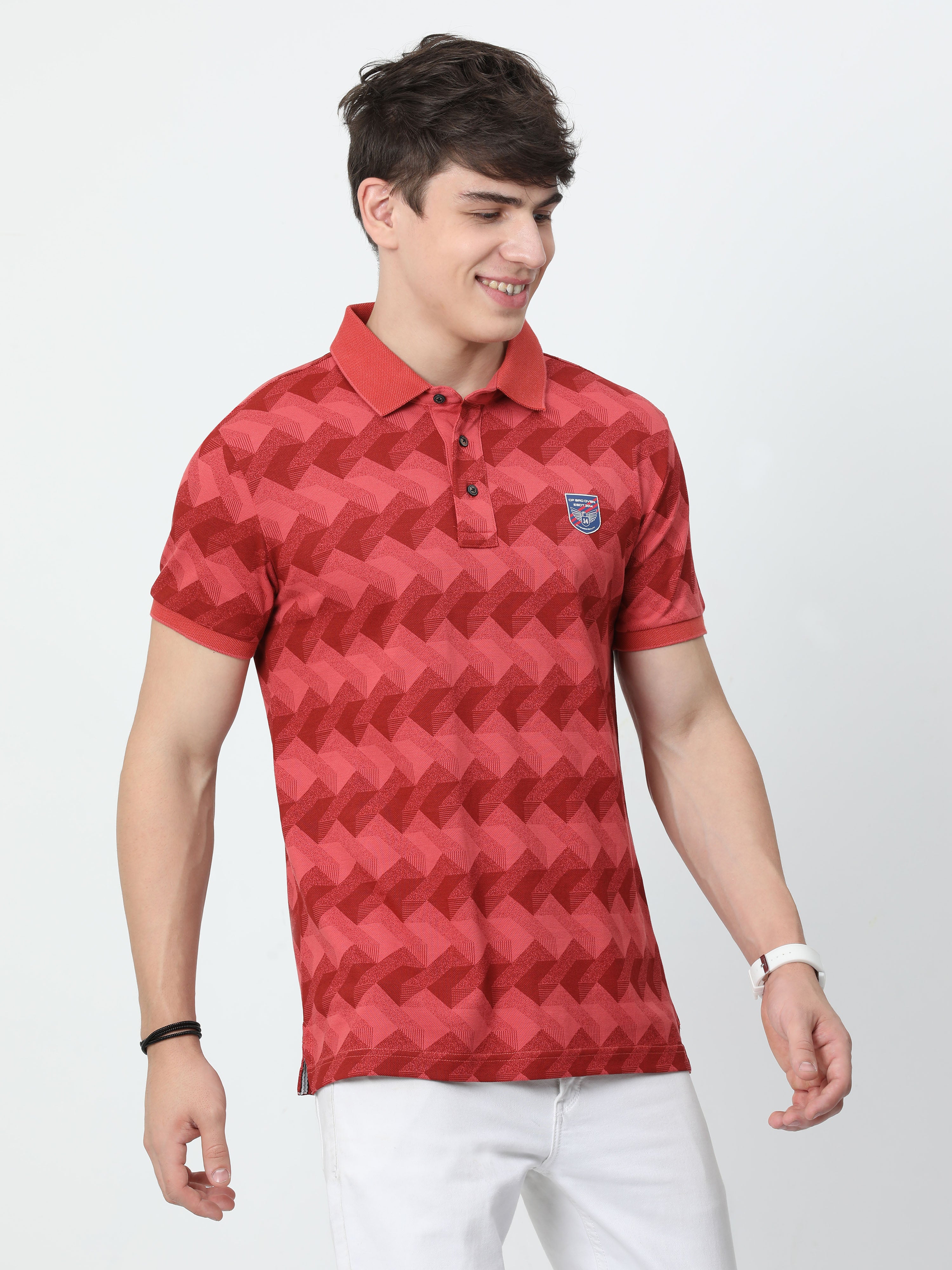 Classic Polo Mens Cotton Half Sleeves Floral Slim Fit Polo Neck Red Color T-Shirt | Brp - 389 A Sf P