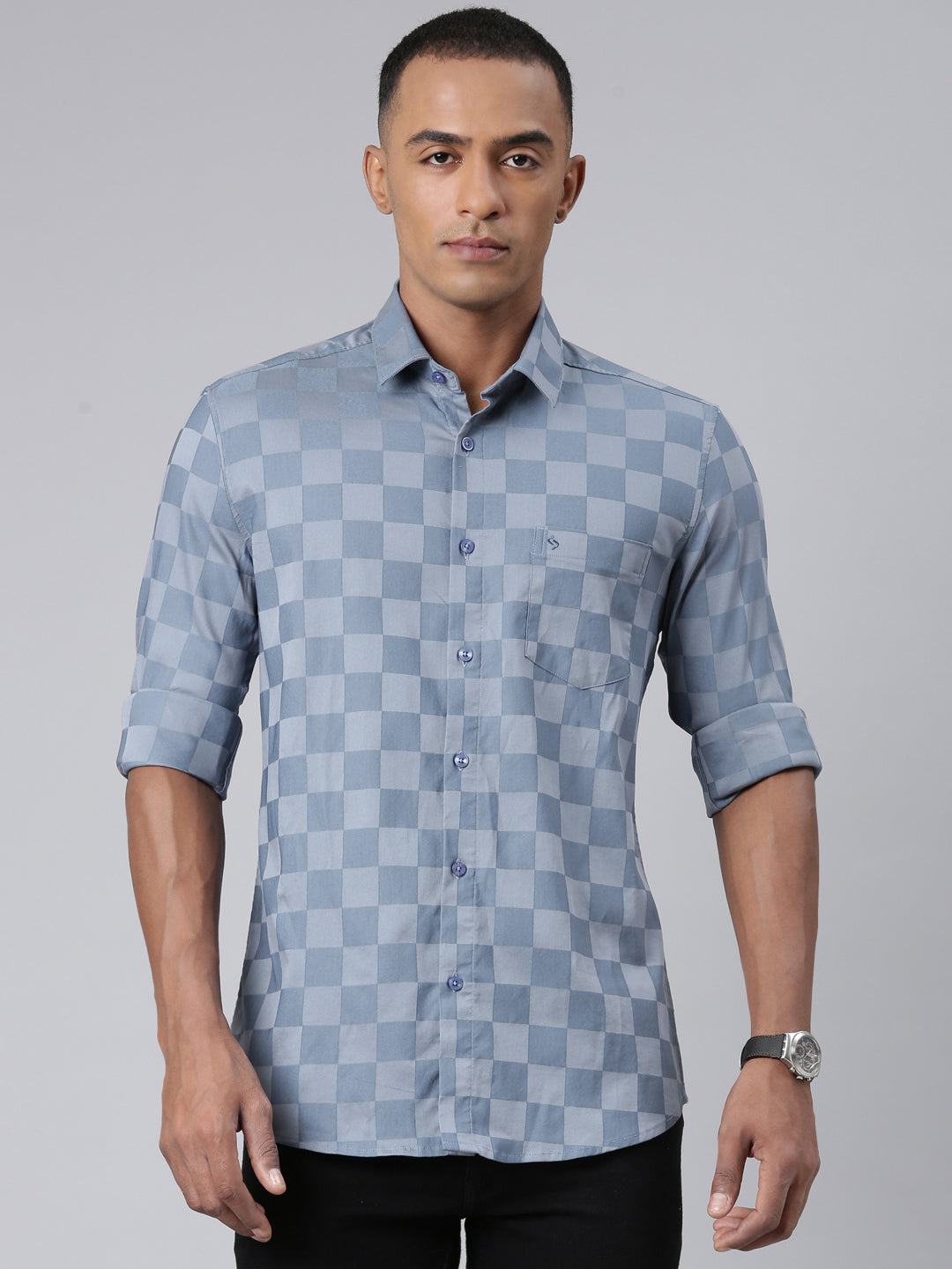 Classic Polo Mens Checks Blue/Grey Polo Neck Woven Slim Fit Shirt | SO2-110 A-FS-CHK-SF