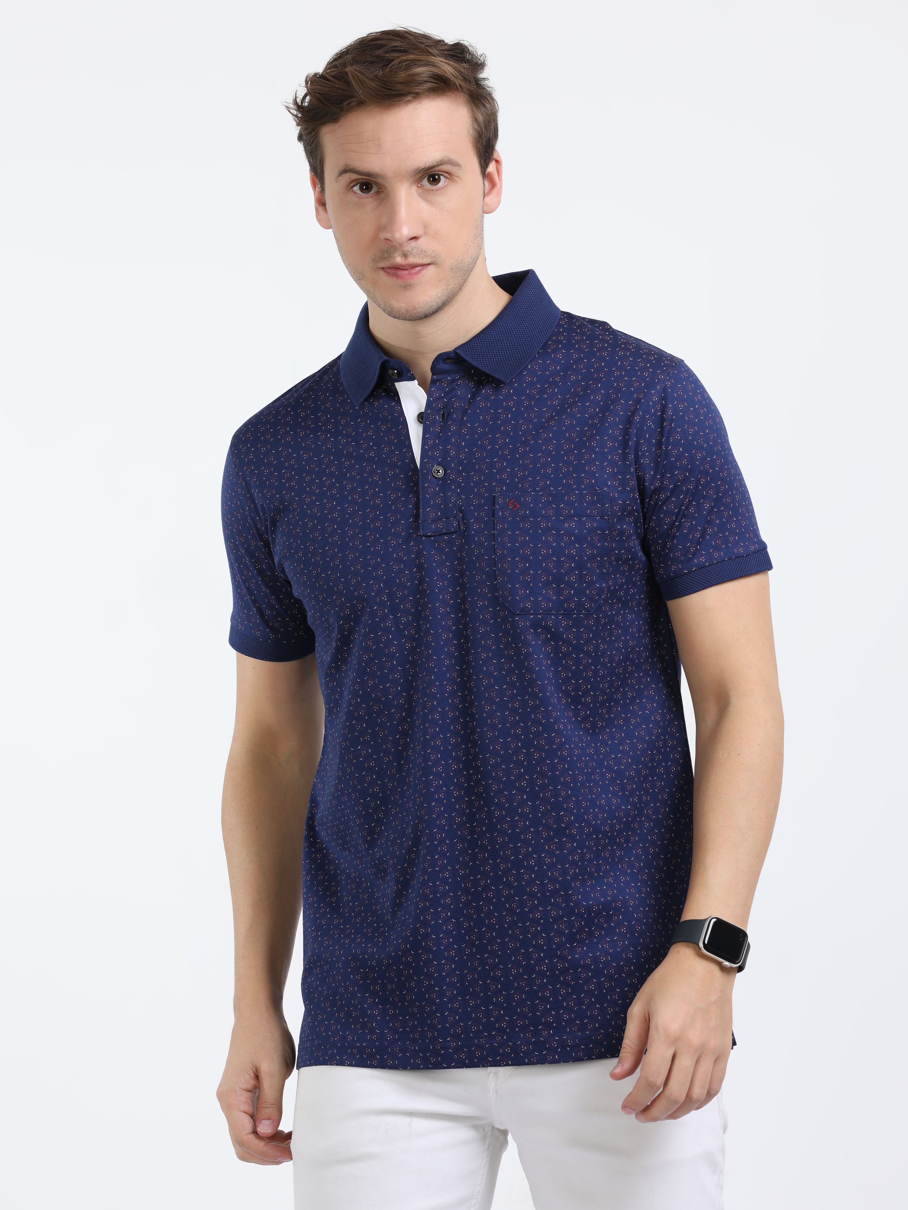 Classic Polo Mens Cotton Half Sleeves Printed Slim Fit Polo Neck Royal Blue Color T-Shirt | Scant - 35 A Sf P