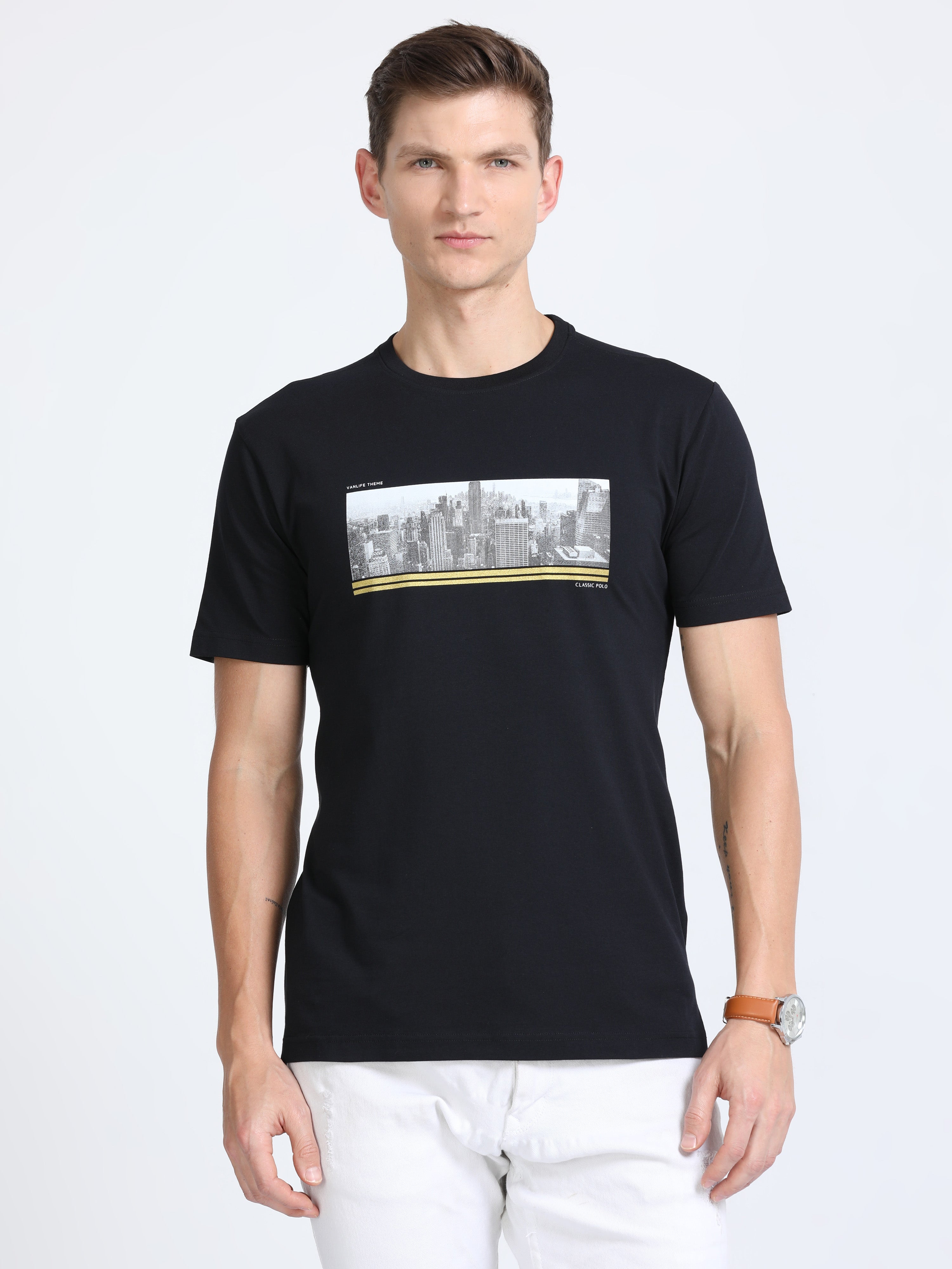Classic Polo Mens Cotton Half Sleeves Printed Slim Fit Crew Neck Black Color T-Shirt | Baleno - 553 A Sf C