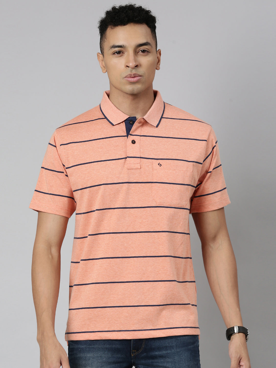 Classic Polo Men's Polo Neck Cotton Navy/Grey Authentic Fit Striped T-Shirt | MEL-253 B AF P