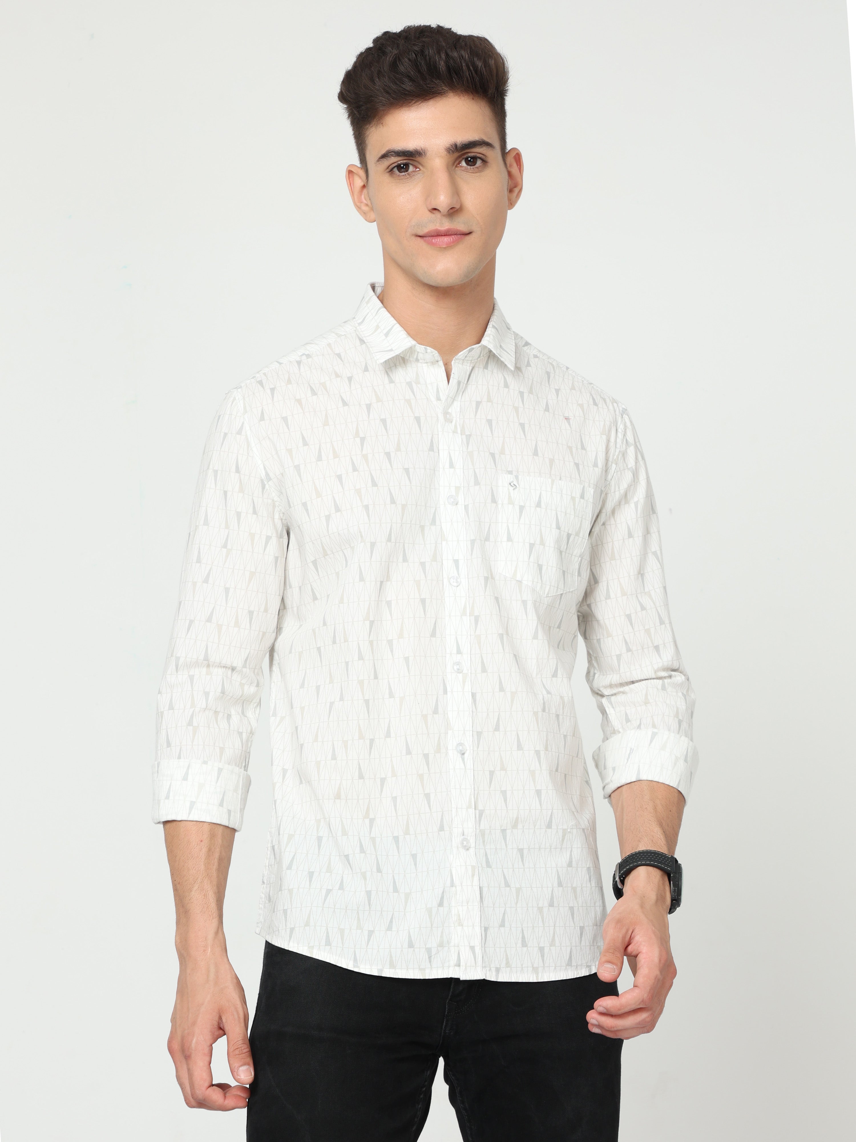 Classic Polo Men's Cotton Full Sleeve Printed Slim Fit Polo Neck White Color Woven Shirt | So1-150 A