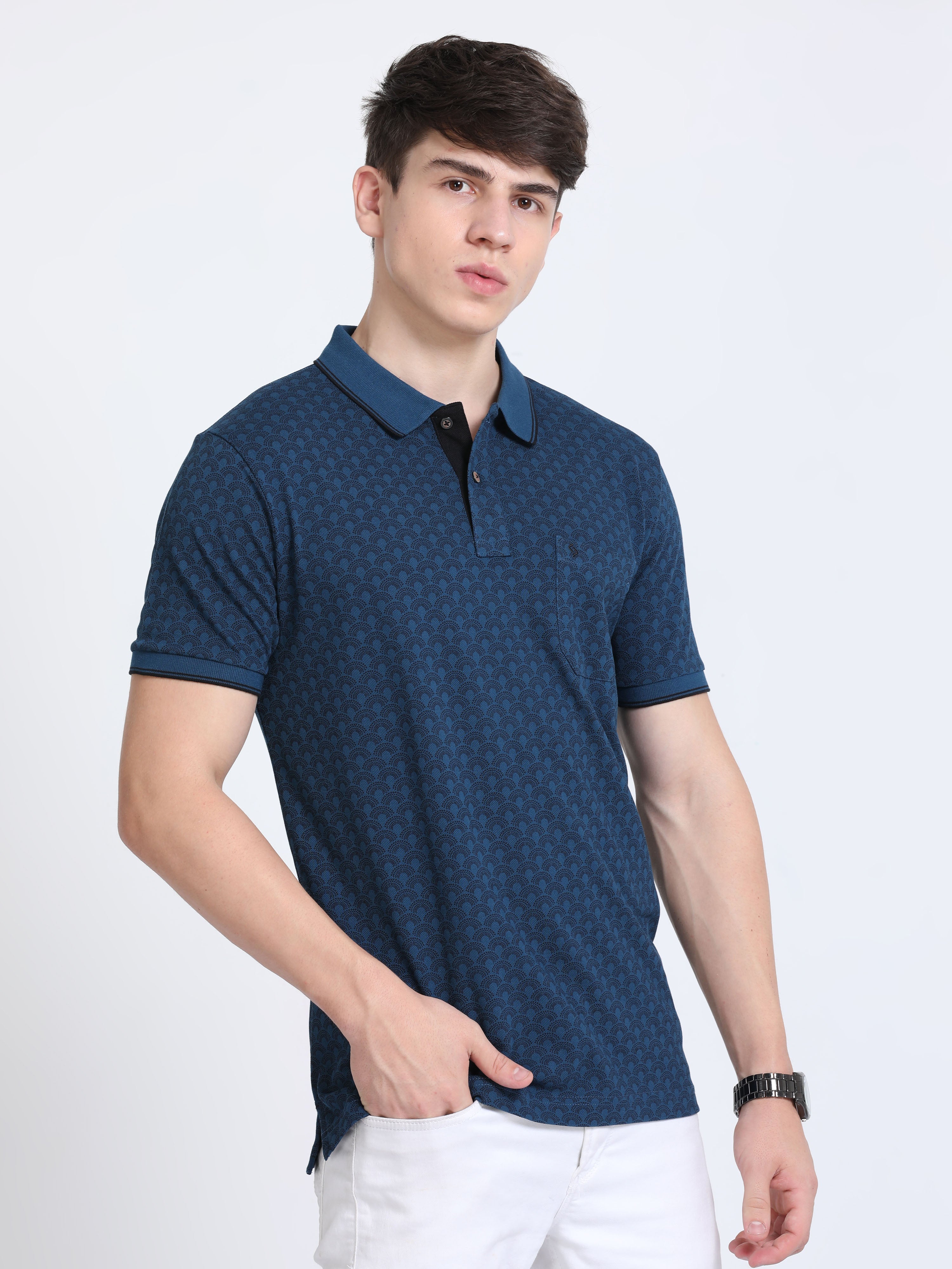 Classic Polo Mens Cotton Half Sleeves Floral Slim Fit Polo Neck Dark Blue Color T-Shirt | Beau - 225 A Sf P