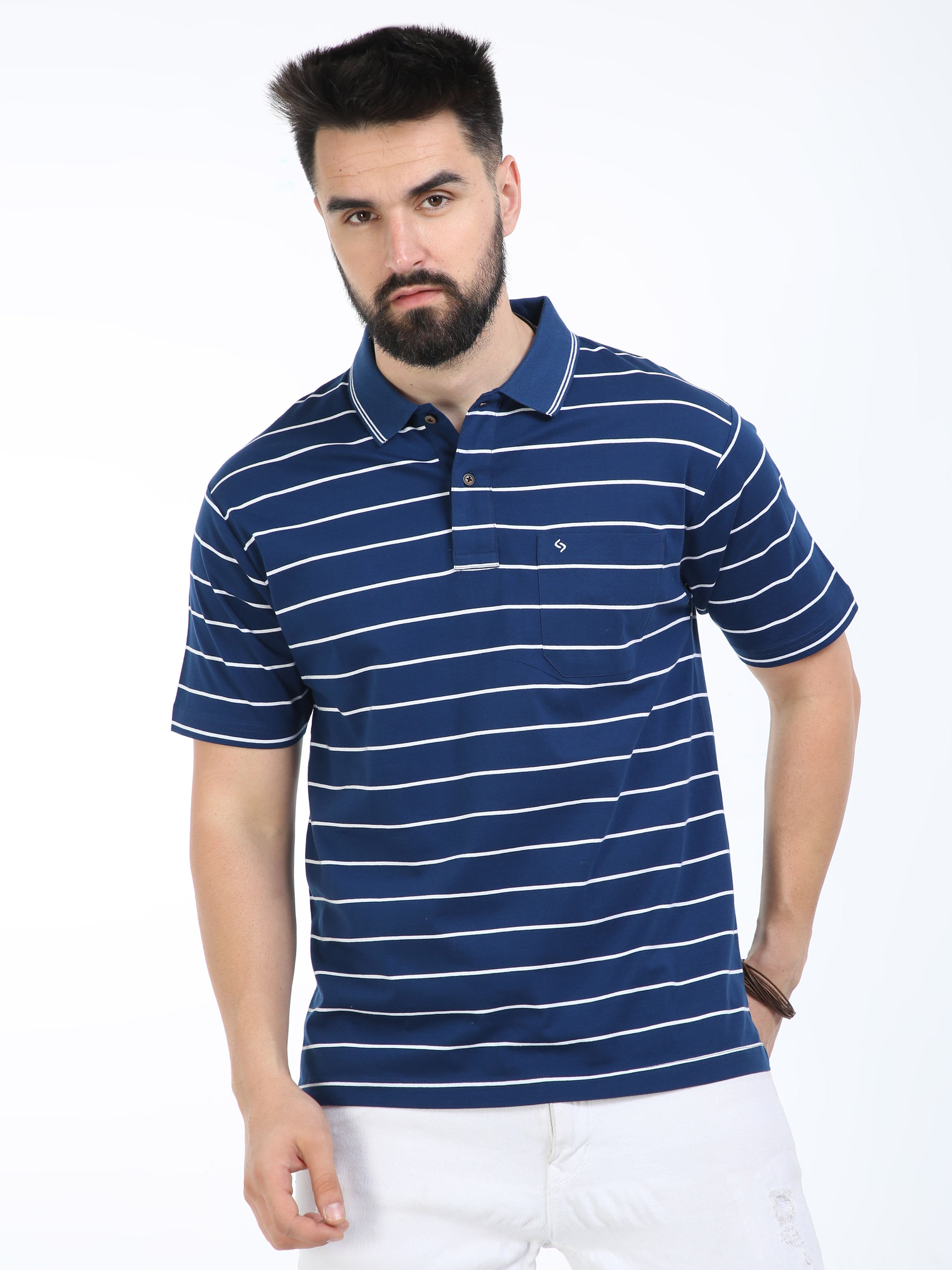 Classic Polo Mens Cotton Half Sleeves Striped Authentic Fit Polo Neck Royal Blue Color T-Shirt | Ap - 97 A Af P
