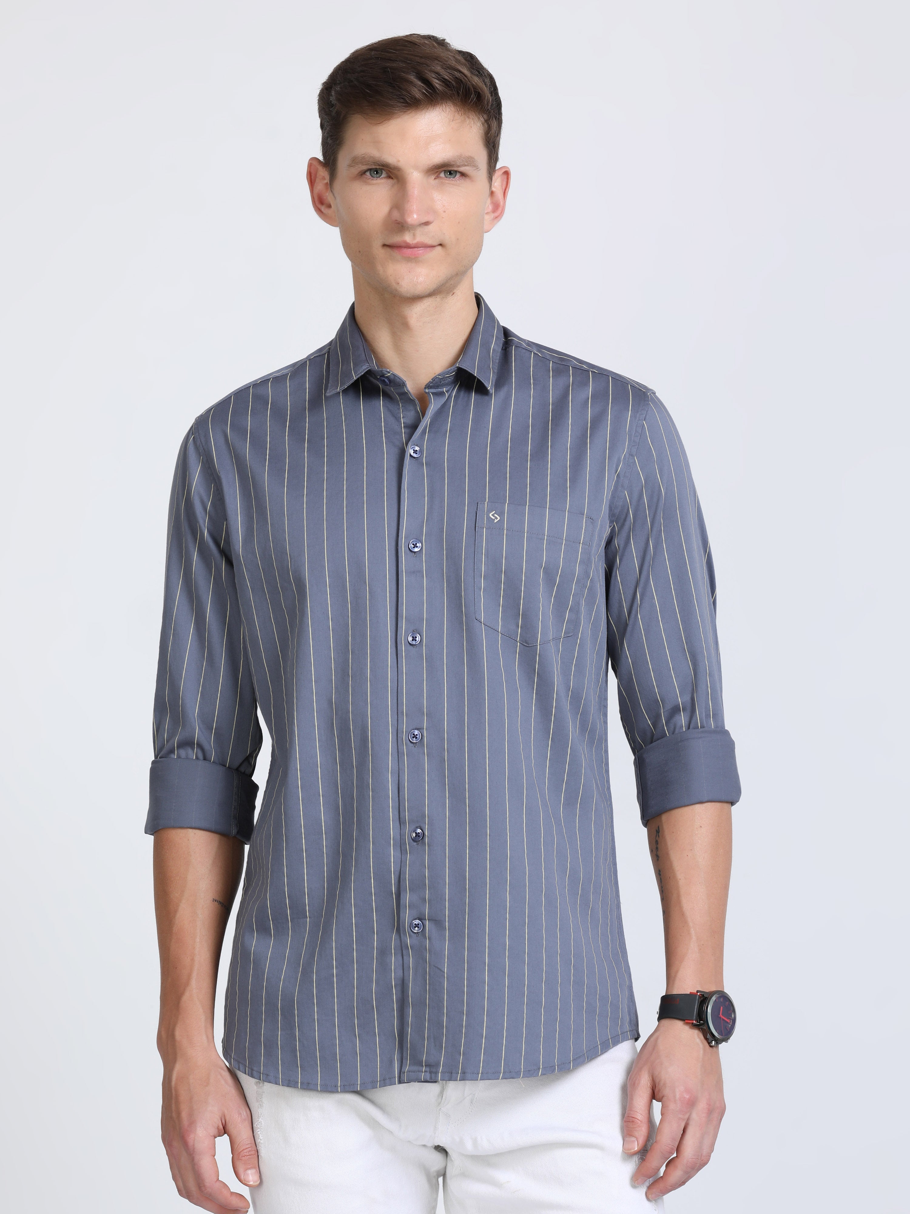 Classic Polo Mens Pure Cotton Full Sleeves Striped Slim Fit Polo Neck Dark Grey Color Woven Shirt | So2-163 B-Fs-Str-Sf