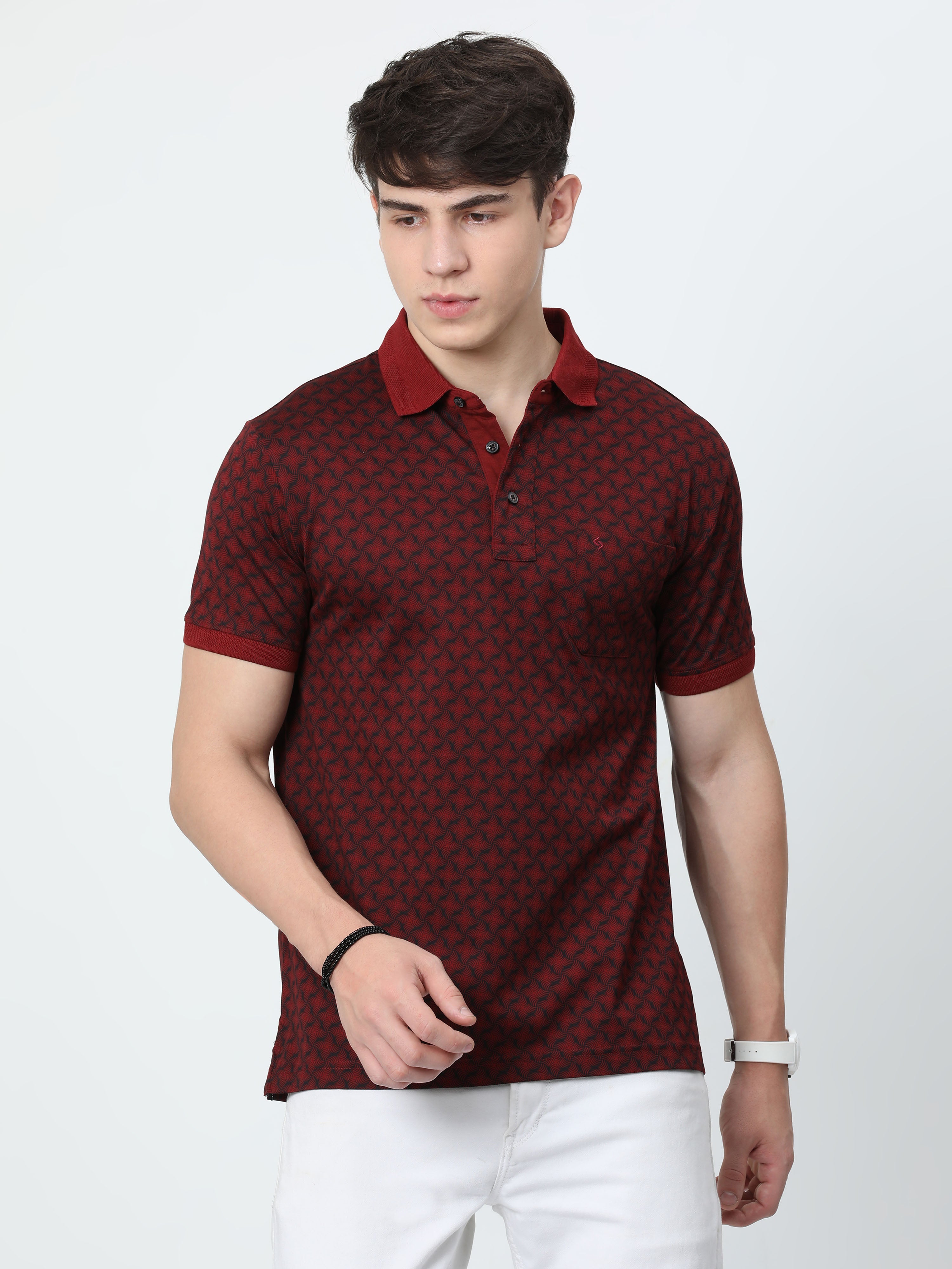 Classic Polo Mens Cotton Half Sleeves Floral Authentic Fit Polo Neck Maroon Color T-Shirt | Swank - 04 B Af P