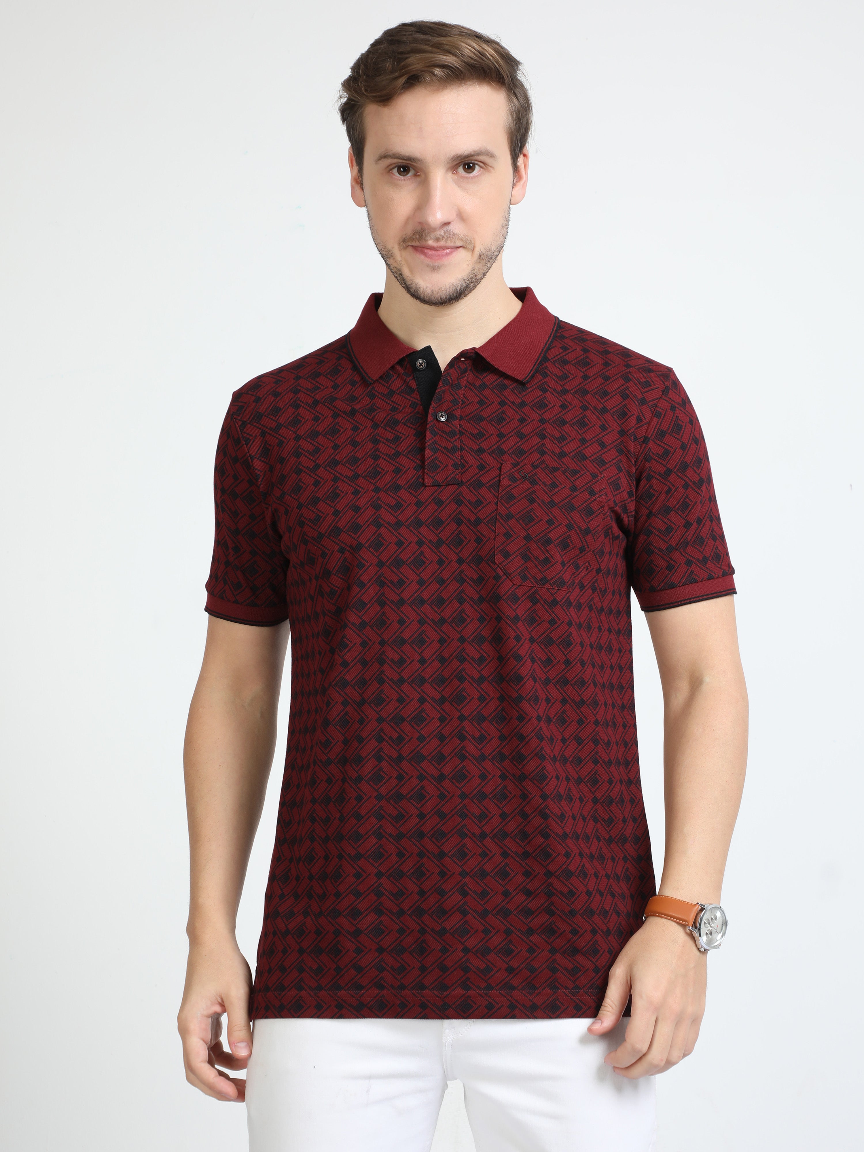 Classic Polo Mens Cotton Half Sleeves Floral Slim Fit Polo Neck Maroon Color T-Shirt | Beau - 223 B Sf P
